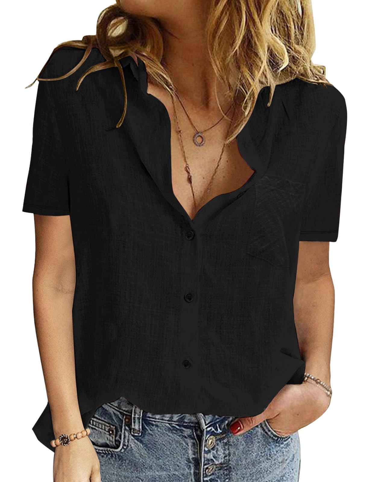 PASUDA Damen Bluse Sommer Elegant Baumwolle Leinen Hemd Kurzarm Oberteile V-Ausschnitt Button-Down Blusen Casual Hemdbluse Basic Revers Shirts Tunika Tops