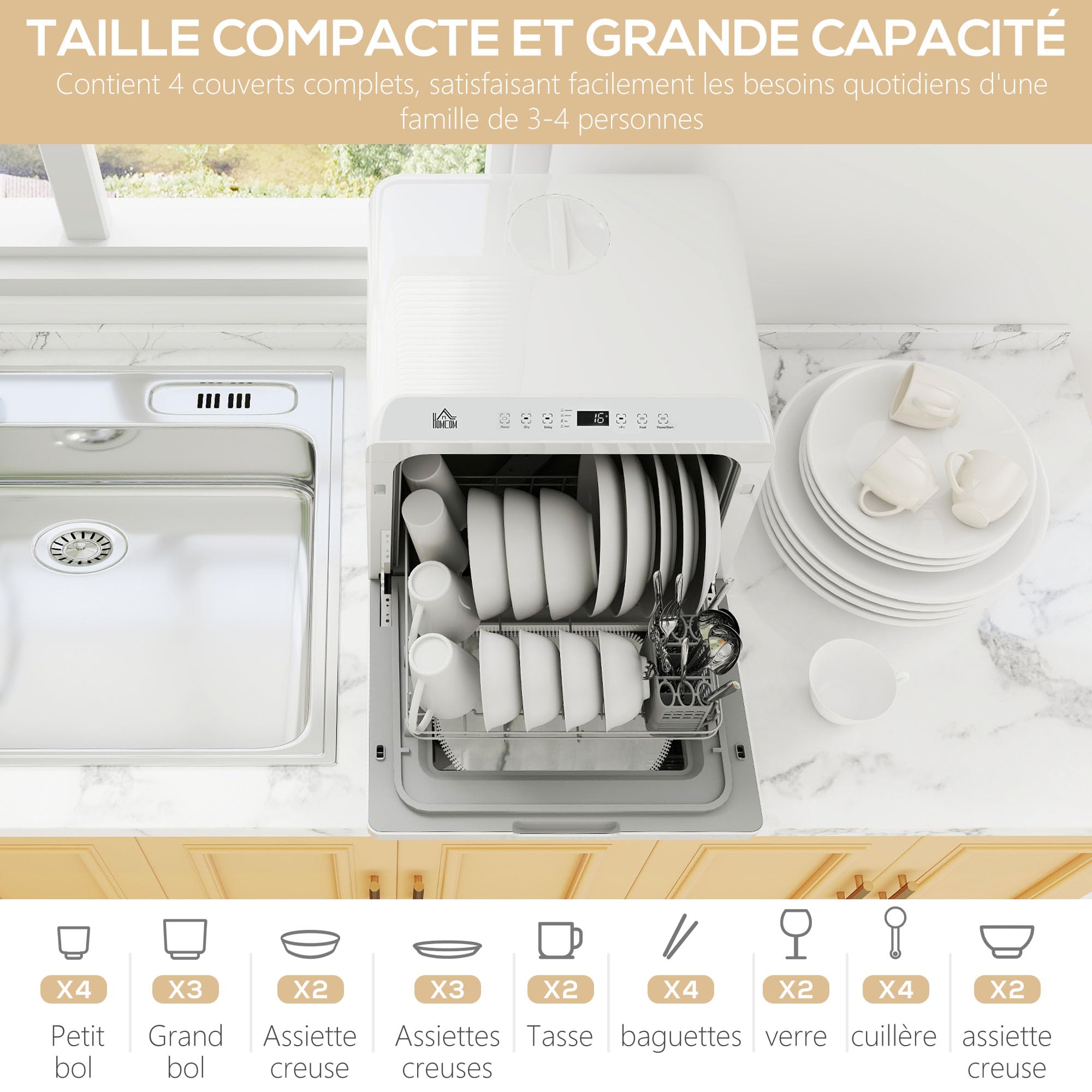 HOMCOM Mini lave-vaisselle 4 couverts, lave-vaisselle de table 5 programmes, double alimentation en eau, lavage des fruits, réservoir d'eau 6L, commande tactile, départ différé, affichage LED, blanc