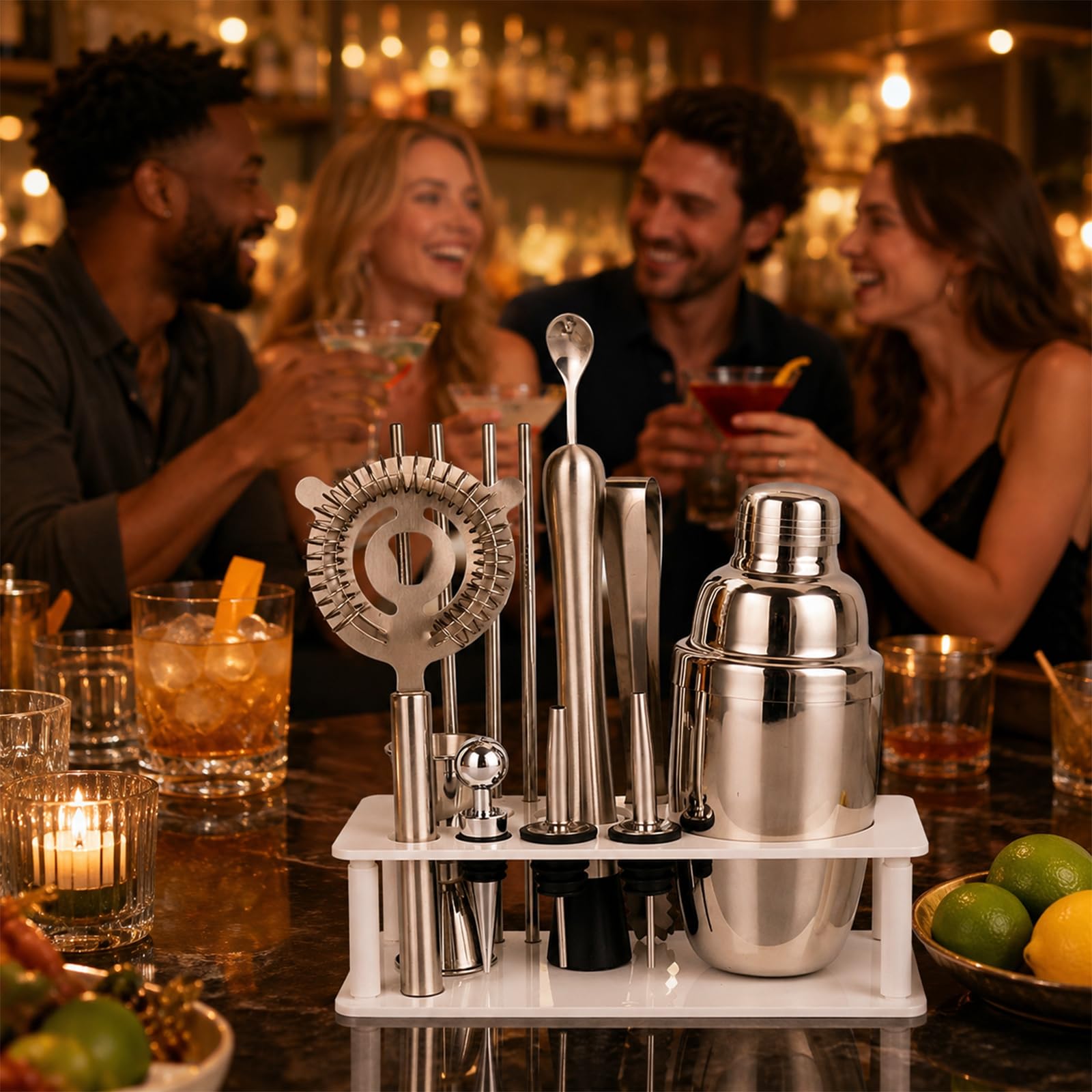 Lot de 14 shaker à cocktail de 550 ml avec support, accessoires de bar, kit cadeau de barman, shaker à cocktail avec outils de bar importants, shaker en acier inoxydable pour fête (blanc)
