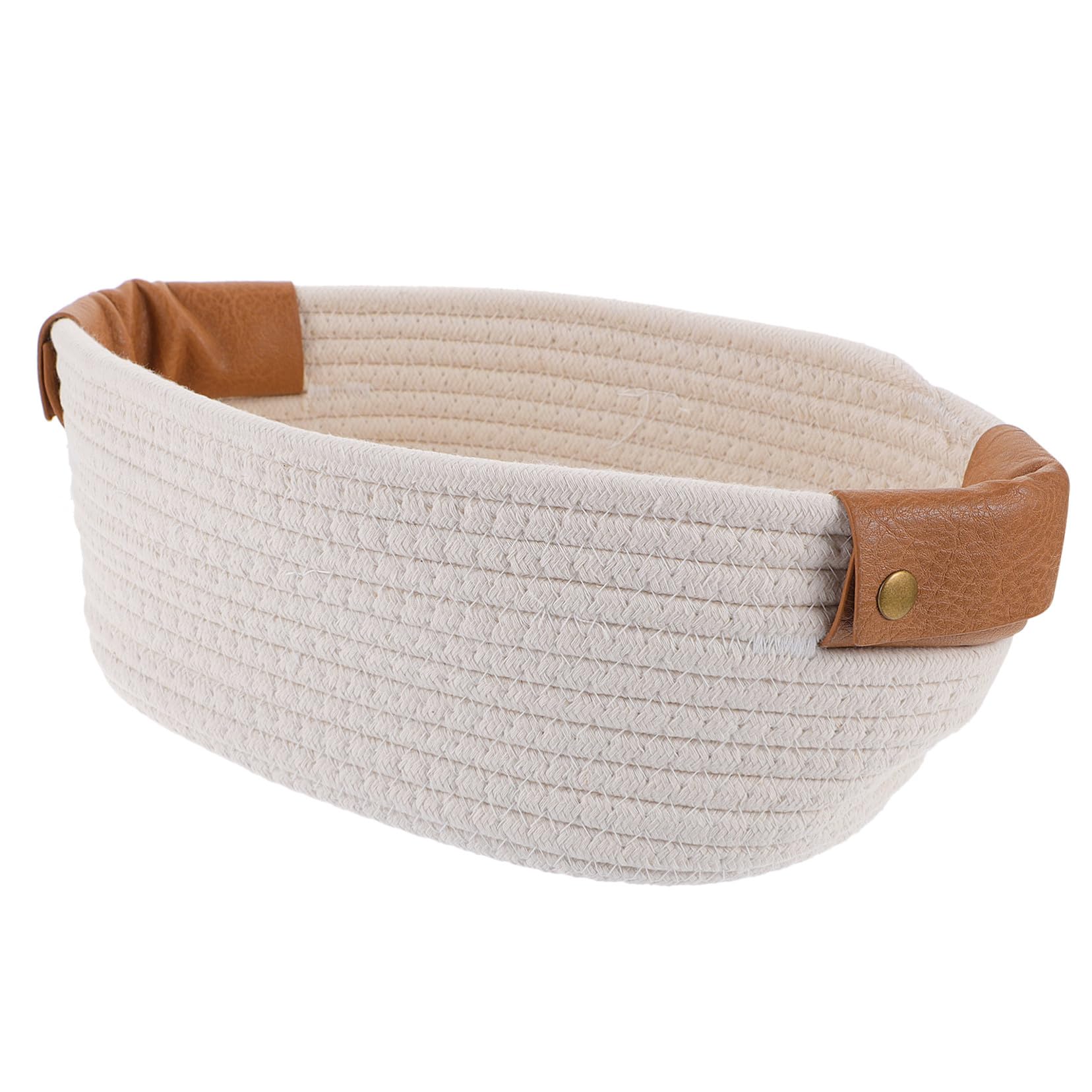 Panier de salle de bain tressé blanc en coton ovale avec poignée cuir GARVALON