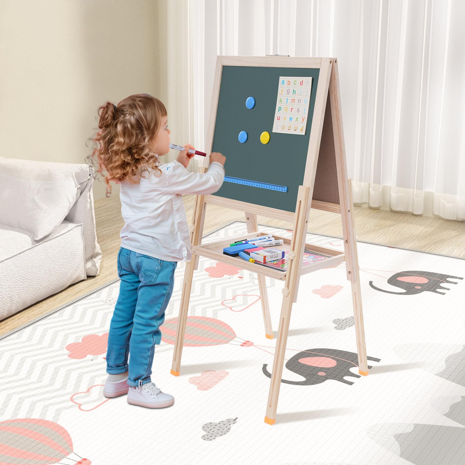 Standtafel Kinder Kindertafel aus Holz Höhenverstellbar Kinder Spiel-Tafel aus Holz Kinder Staffelei Doppelseitige Whiteboard und Kreidetafel