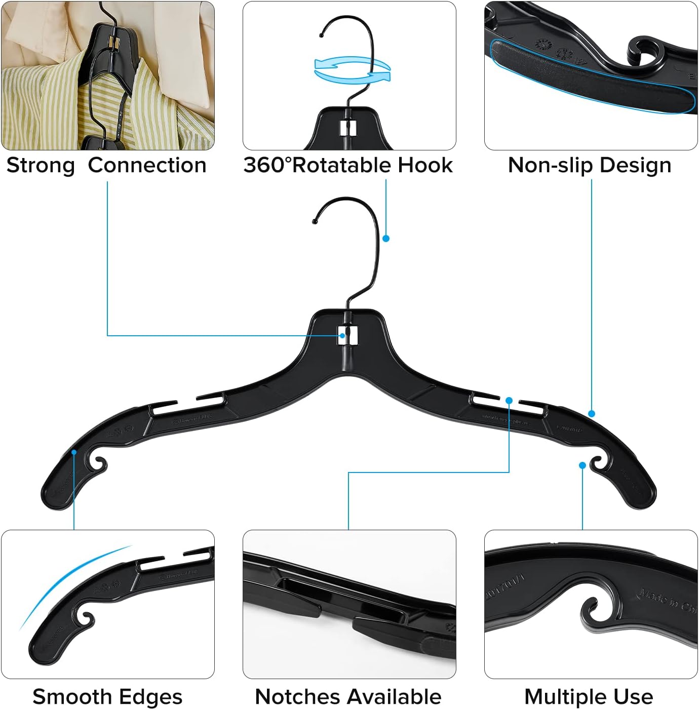 Donext Plastic Hangers with 360 Swivel Metal Hook, Heavy Duty Clothes Hangers, Durable Closet Hangers for Shirt, Coat and Dress (20 Pack, Black) - Image 2