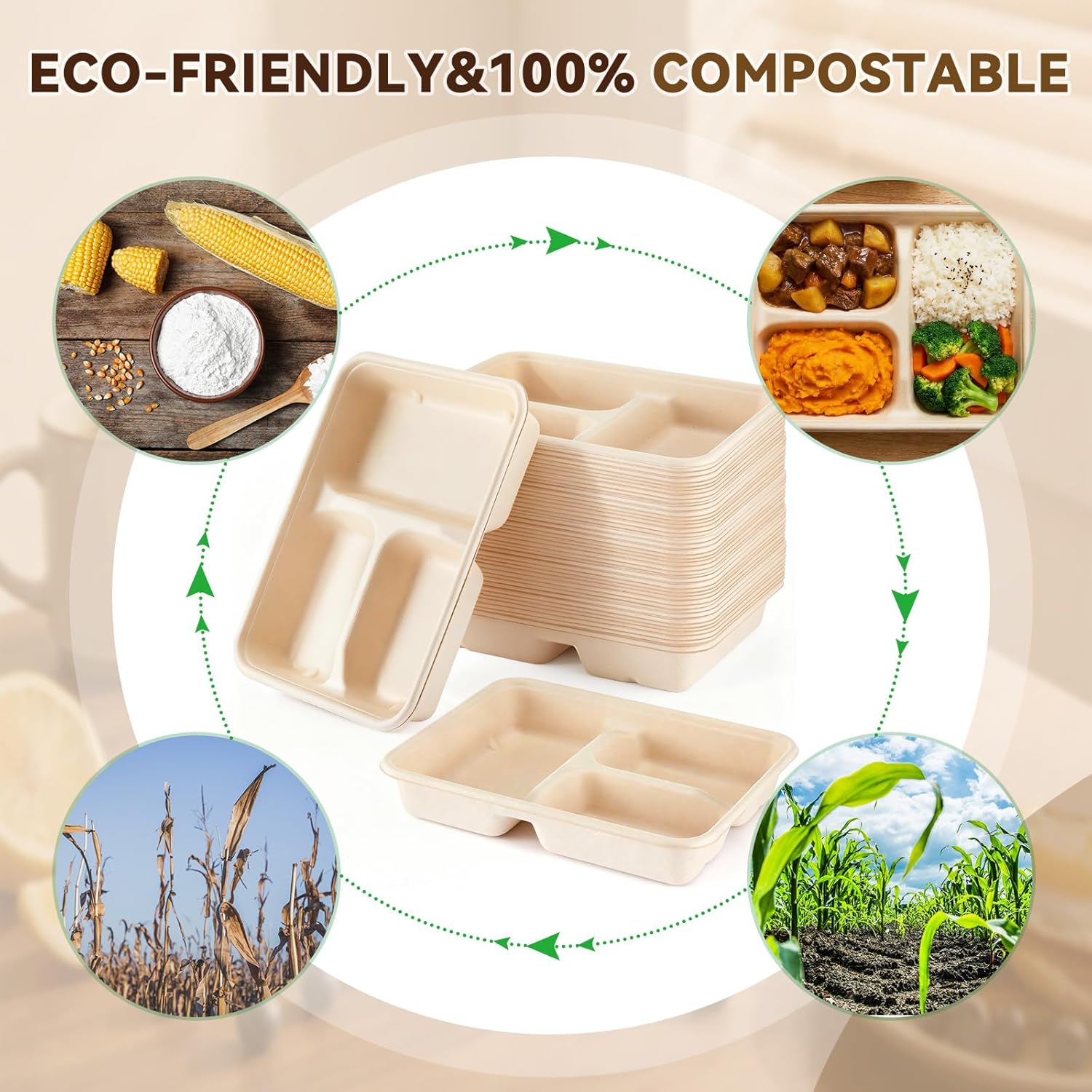 Havawish 80 Pack 37 oz 3 Compartment Deepen Disposable Plate, 8.9" x 6.9" x 1.6" Compostable Square Lunch Tray Heavy Duty Biodegradable Bagasse Divided Sectional Bowl for Party Catering Meal Prep - Image 4