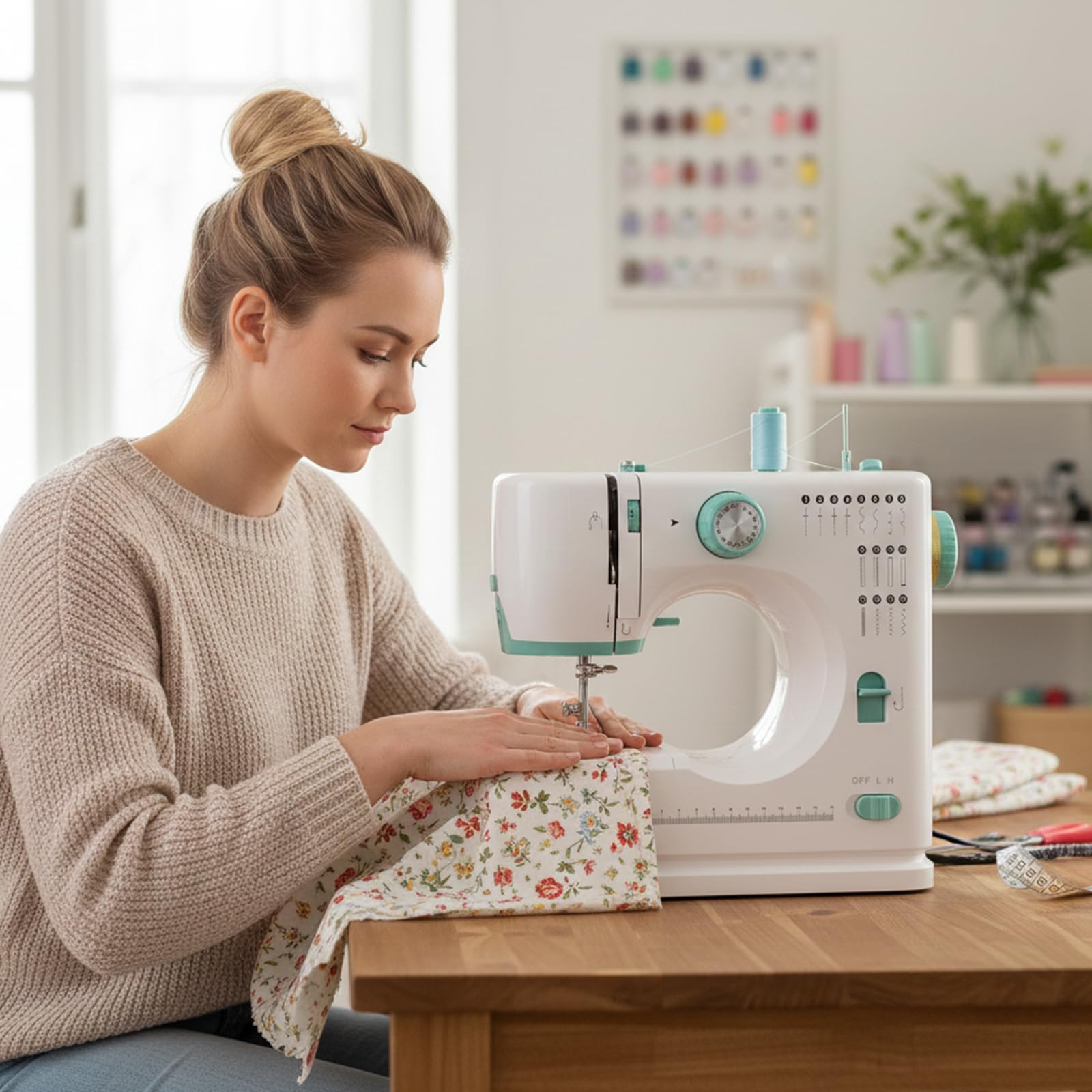 Mini Nähmaschine für Anfänger mit 32 Fäden Kit, 16 integrierte Stiche, multifunktionales tragbares Nähen mit Fußpedal, kleine Nähmaschine zum Reparieren