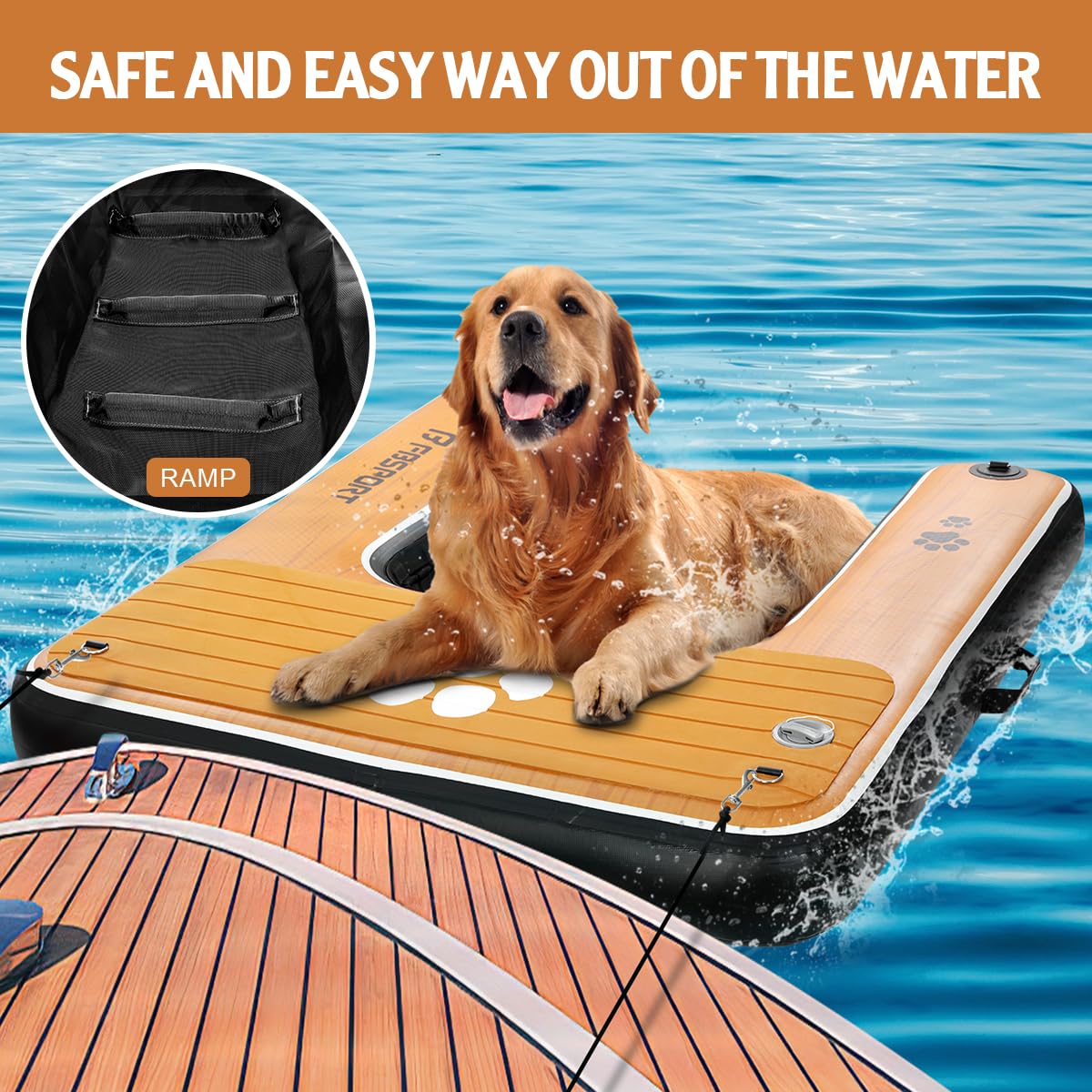 Rampe d'accès à l'eau Gonflable pour Chien, échelle Flottante pour Piscine, Bateau, lac, échelle Flottante antidérapante en EVA pour Chien jusqu'à 100 kg, Accès à l'eau Facile et sûr