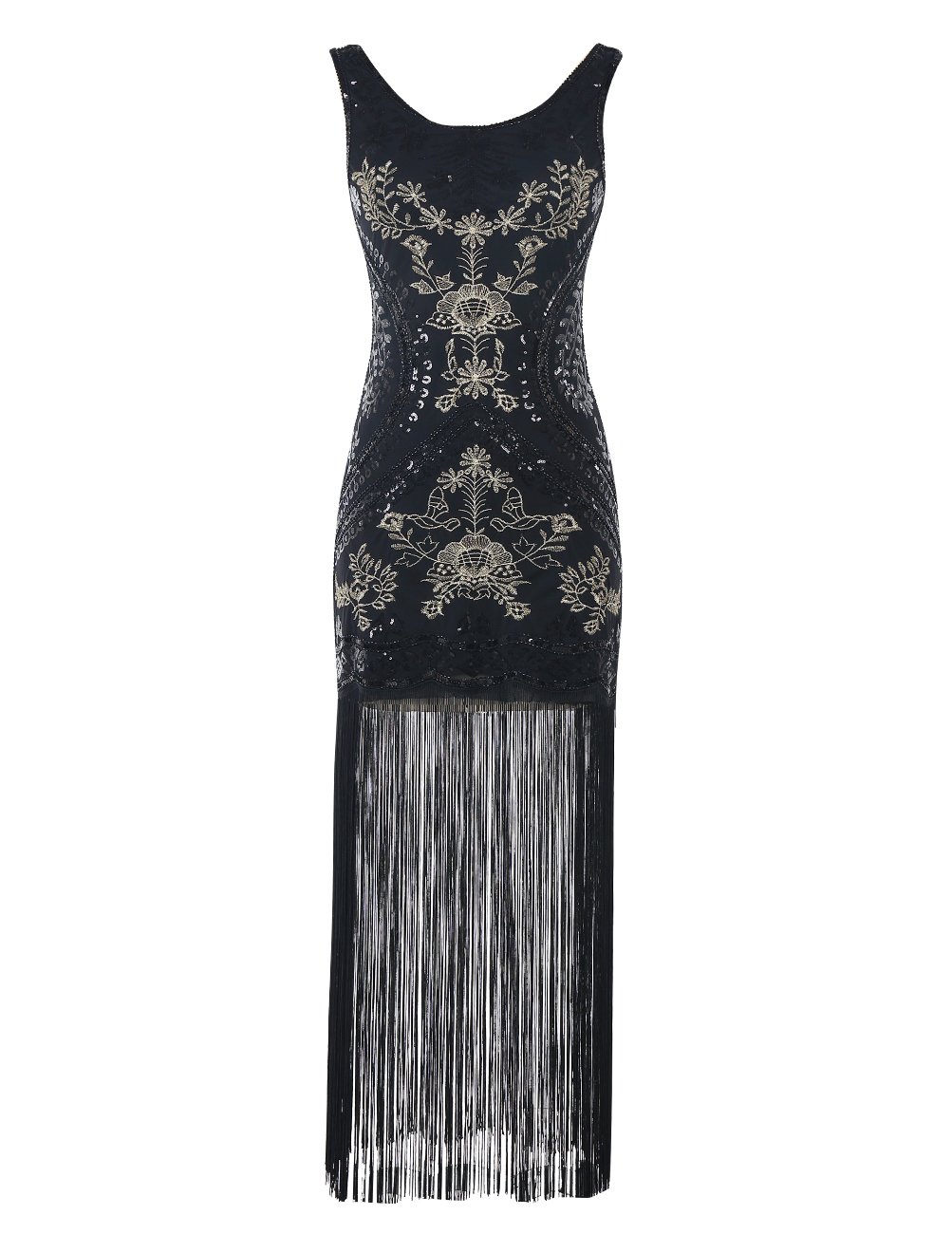 Emust Women's Vintage 1920s Gatsby Sequins Embroidery Tassel Long Flapper Dress Prom Party Black Size X-Small