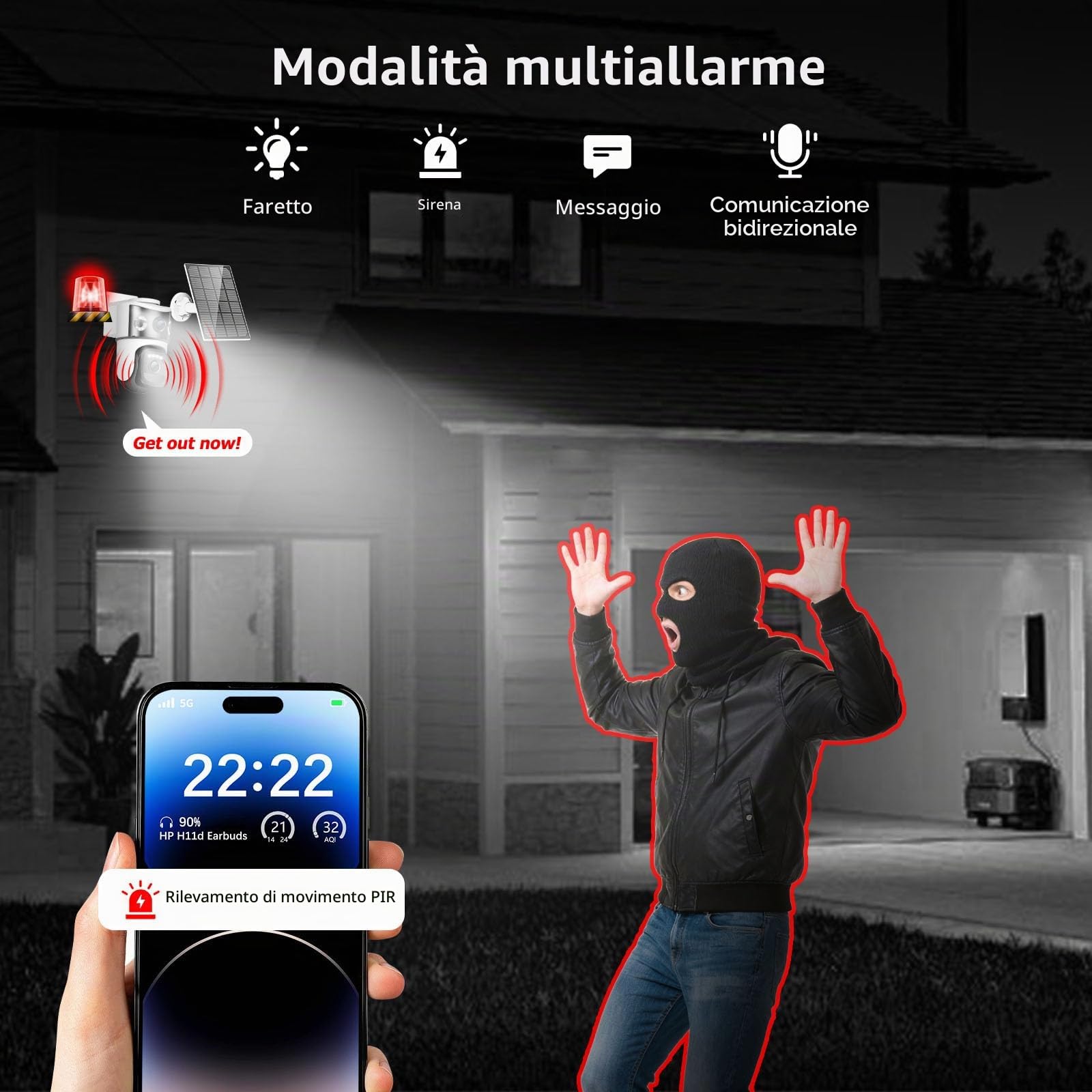 4K Telecamera Wi-Fi Esterno Senza Fili con Pannello Solare,Doppio Obiettivo Videocamera Sorveglianza WiFi,Rilevamento Umano PIR,Visione Notturna a Colori,Audio Bidirezionale,IP66