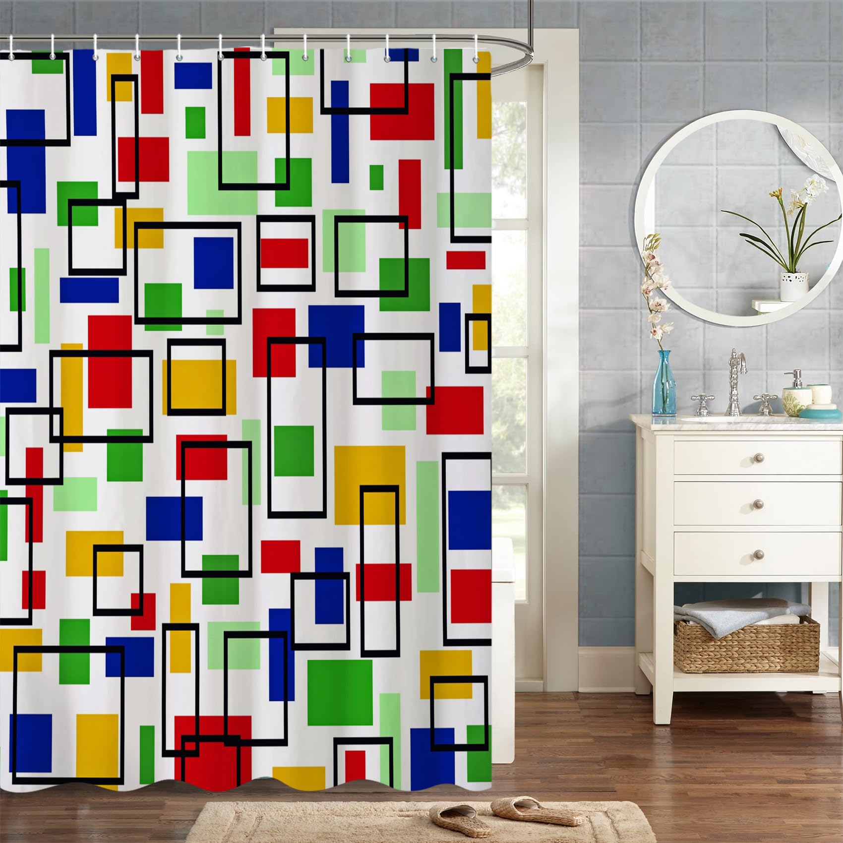MIRRORANG 183x183cm Geometric Pattern Shower Curtain Colorful Digital Printing Shower Curtain For Bathroom Waterproof Polyester Fabric Set with Hooks