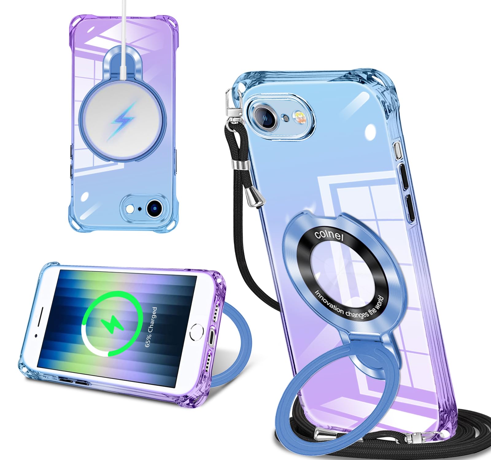 iPhone SE3 SE2 SE 8 用 ケース MagSafe対応 リング付き ネック ショルダー アイフォン se se2 se3 8 縄掛けケース 肩掛け 斜めかけ 韓国 可愛い 縄掛け カバー 丸型スタンド付き マグネット搭載 縦横両対応 耐衝撃 ワイヤレス充電 ストラップホール付き あいほん SE3 スマホケース