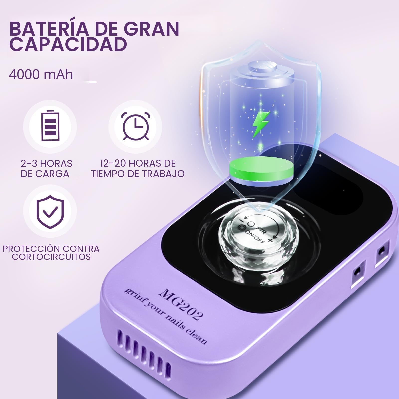 Taladro de uñas profesional 40000 RPM, Urbuti 12 en 1 Lima de uñas eléctrica 4000 mAh con pantalla LCD, velocidad ajustable, silencioso, taladro de manicura portátil para salón/hogar (púrpura)