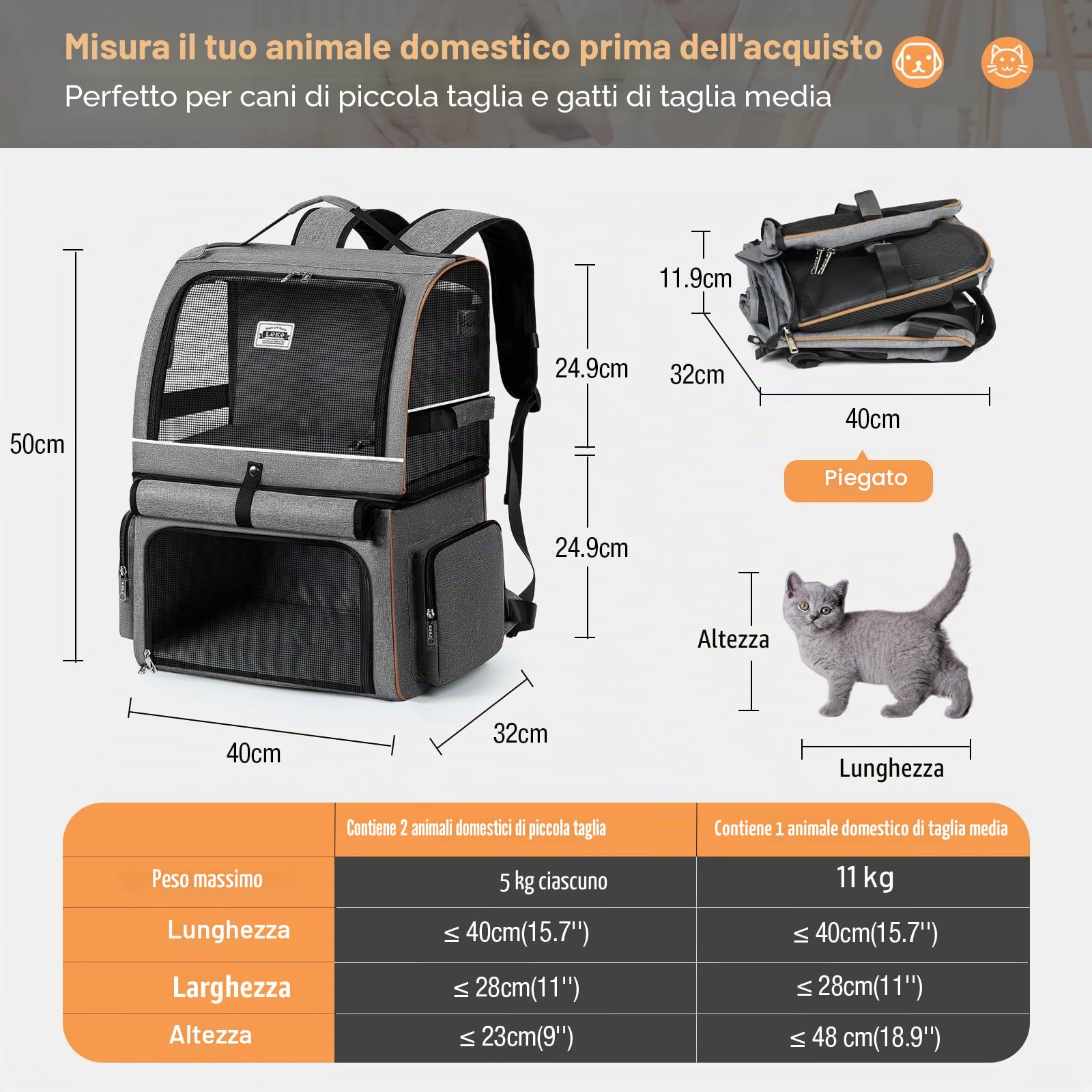 Zaino per gatti a doppio strato pieghevole per 2 gatti fino a 11 kg grigio