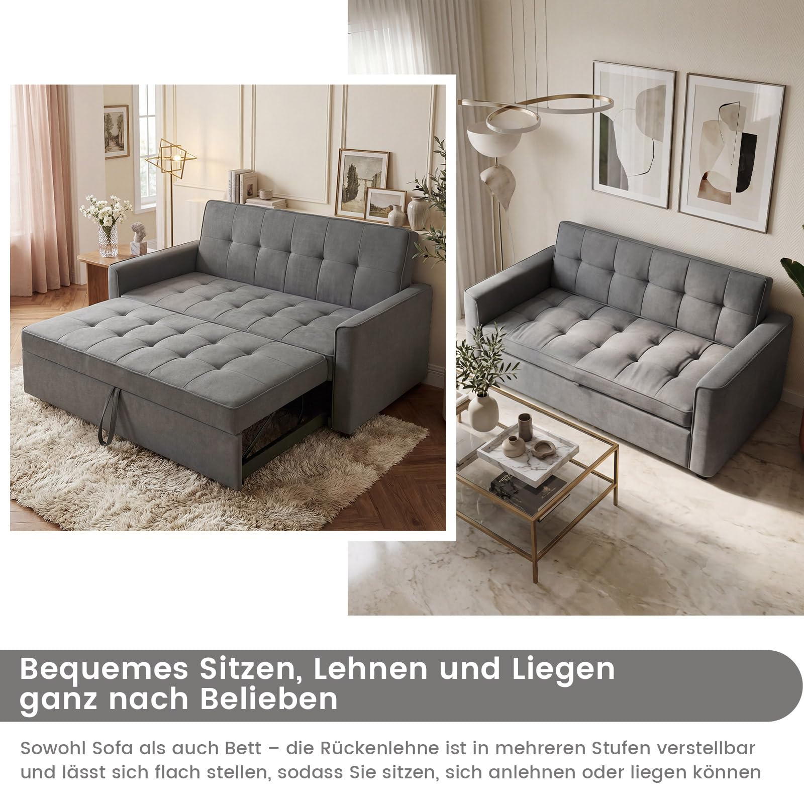 Guyii Schlafsofa 3-Sitzer Grau, Ausziehbares Sofa mit Schlaffunktion und Bettfunktion, Gepolstertes Bettsofa mit Armlehnen, Schlafcouch für Wohnzimmer, Gästezimmer, Kleine Räume