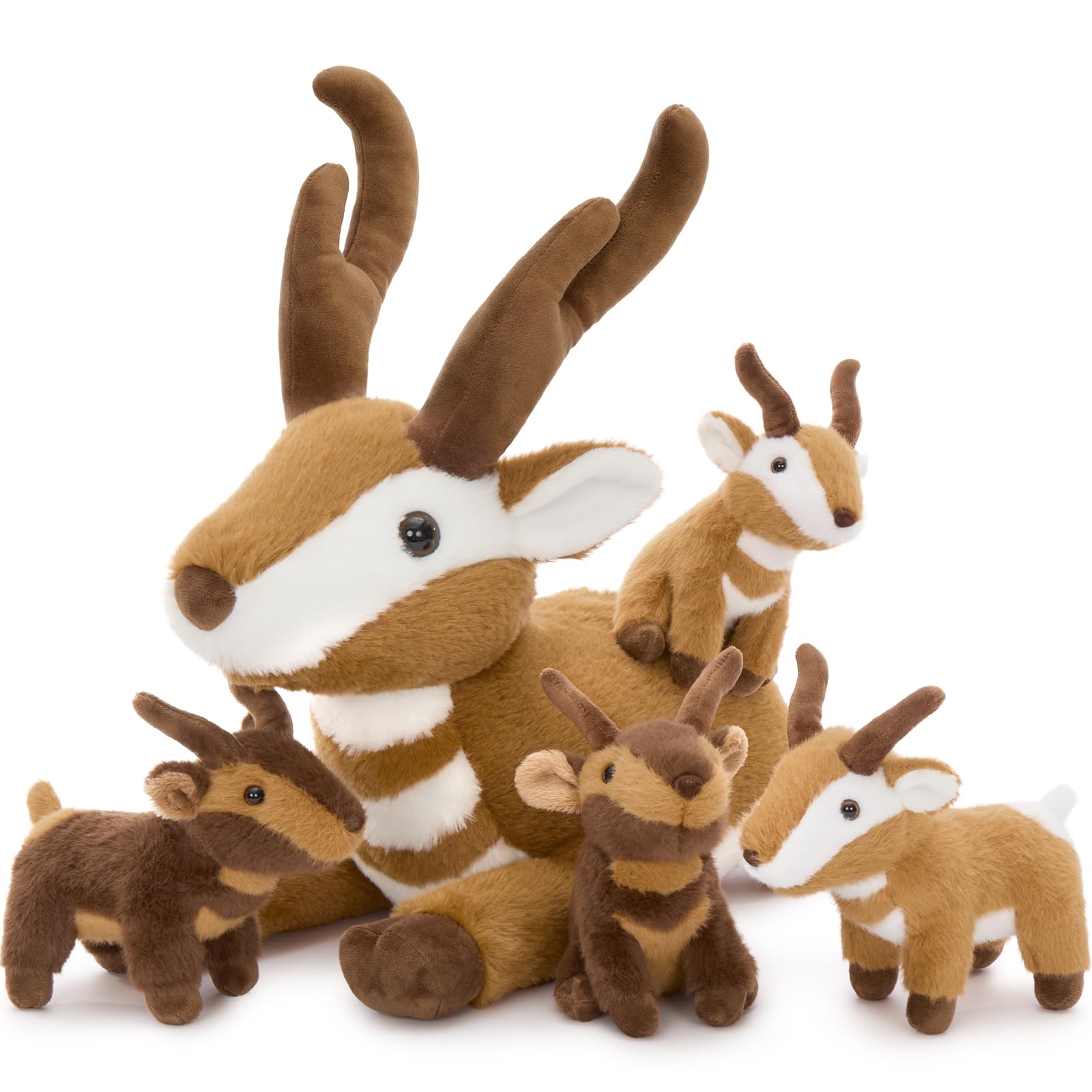 MaoGoLan 45cm Giant Antelope Mommy with 4 Babies, Kawaii Wildlife Stuffed Animal Plush Toy, Cuddly Soft Antelope Teddy for Boys Girls, Birthday Christmas Decoration & Gift