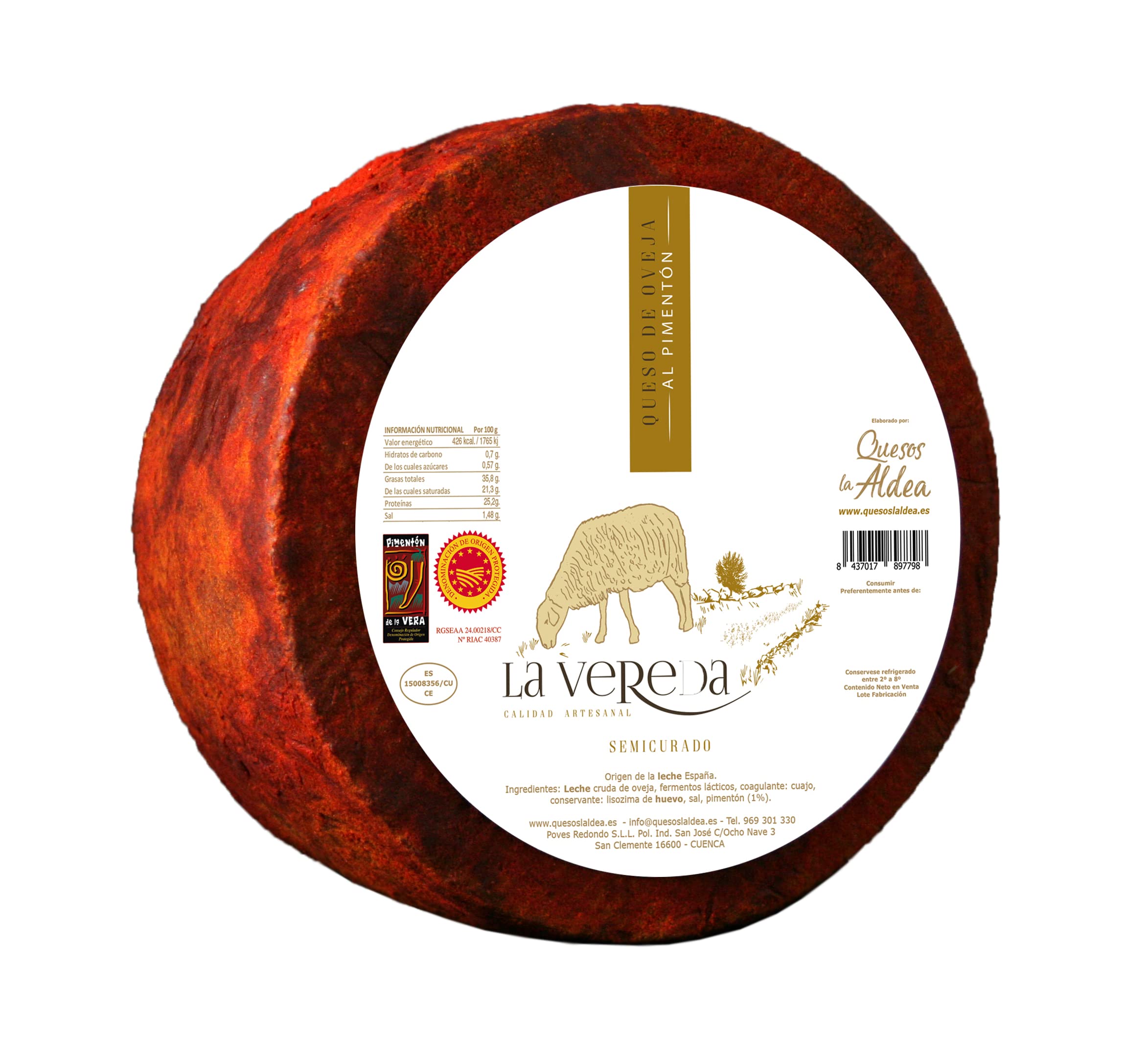 QUESOS LA ALDEA | Queso Artesano de Oveja Semicurado al Pimentón | Cuña de 0,75 kg | Queso Artesano | Ideal para Cesta Gourmet, Packs Regalo, Lotes de Quesos Gourmet y Regalo Gourmet