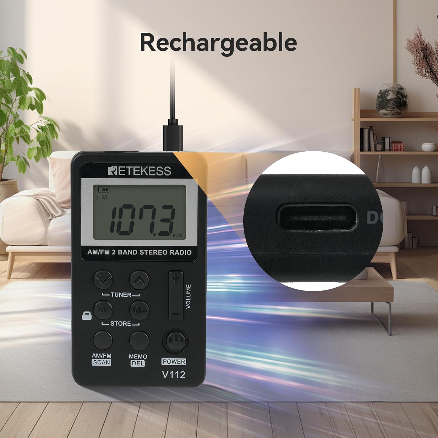 Retekess V112 radio connected to a USB charging cable