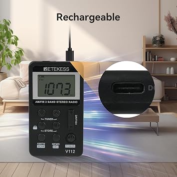 Retekess V112 AM FM Pocket Radio, Digital Radio with Earphone(Black)