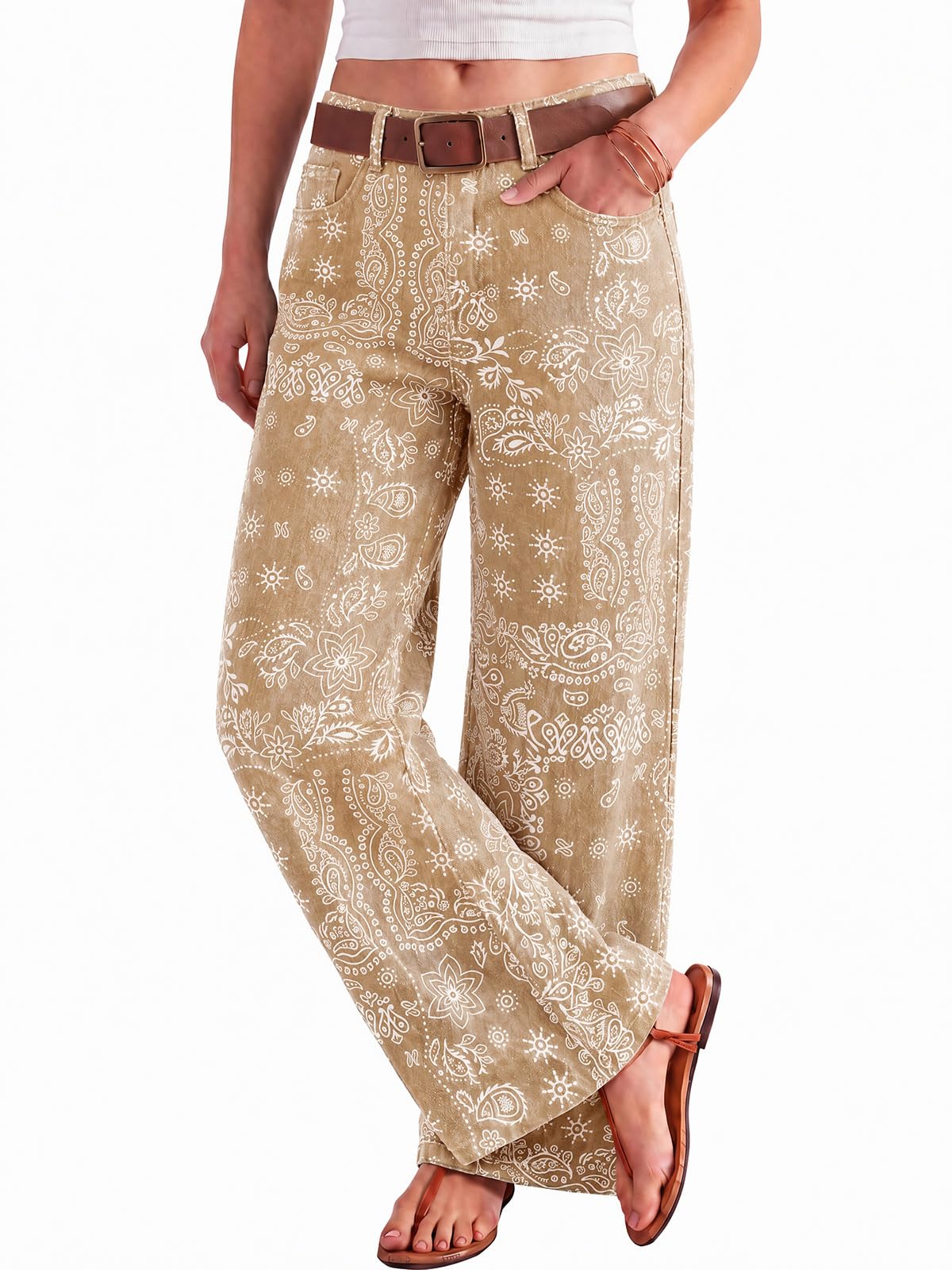 Tankaneo Womens Baggy Wide Leg Jeans Floral Print Boho High Waist Vintage Boyfriend Denim Pants with Pockets