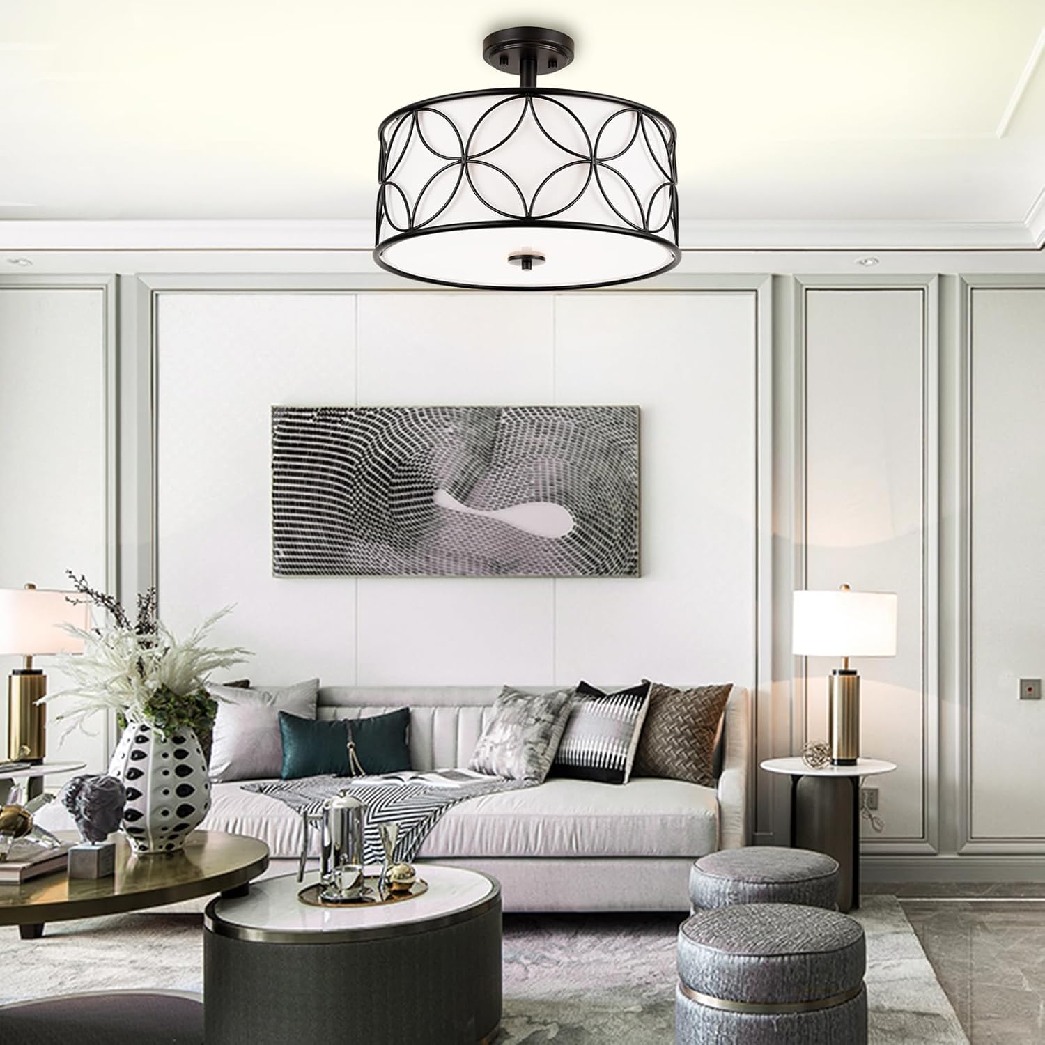 Edwarmlux 3-Light Semi Flush Mount Ceiling Light, 16" Drum Light with Fabric Shade, Modern Close to Ceiling Lamp for Living Room Bedroom Dining Room Kitchen Hallway Entry Foyer (Black)