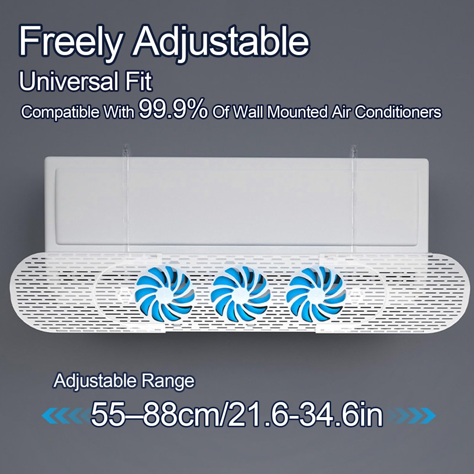 Deflettore Climatizzatore con 3 Ventole, Barriera Condizionatore Regolabile 55-88cm, Rotazione a 180°, Anti Getto Diretto(Clear)