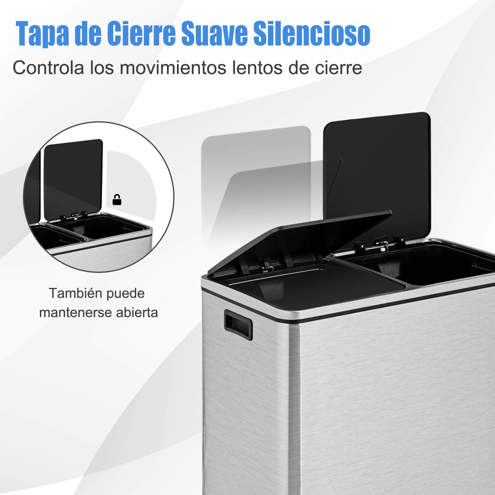 COSTWAY Cubo de Basura de 60 L, 2 x 30 L, Papelera de Basura Reciclaje de Acero Inoxidable con Compartimentos 2, Pedal, Cubos Internos de Plástico y Tapas con Bisagras, Manijas, Cierre Suave