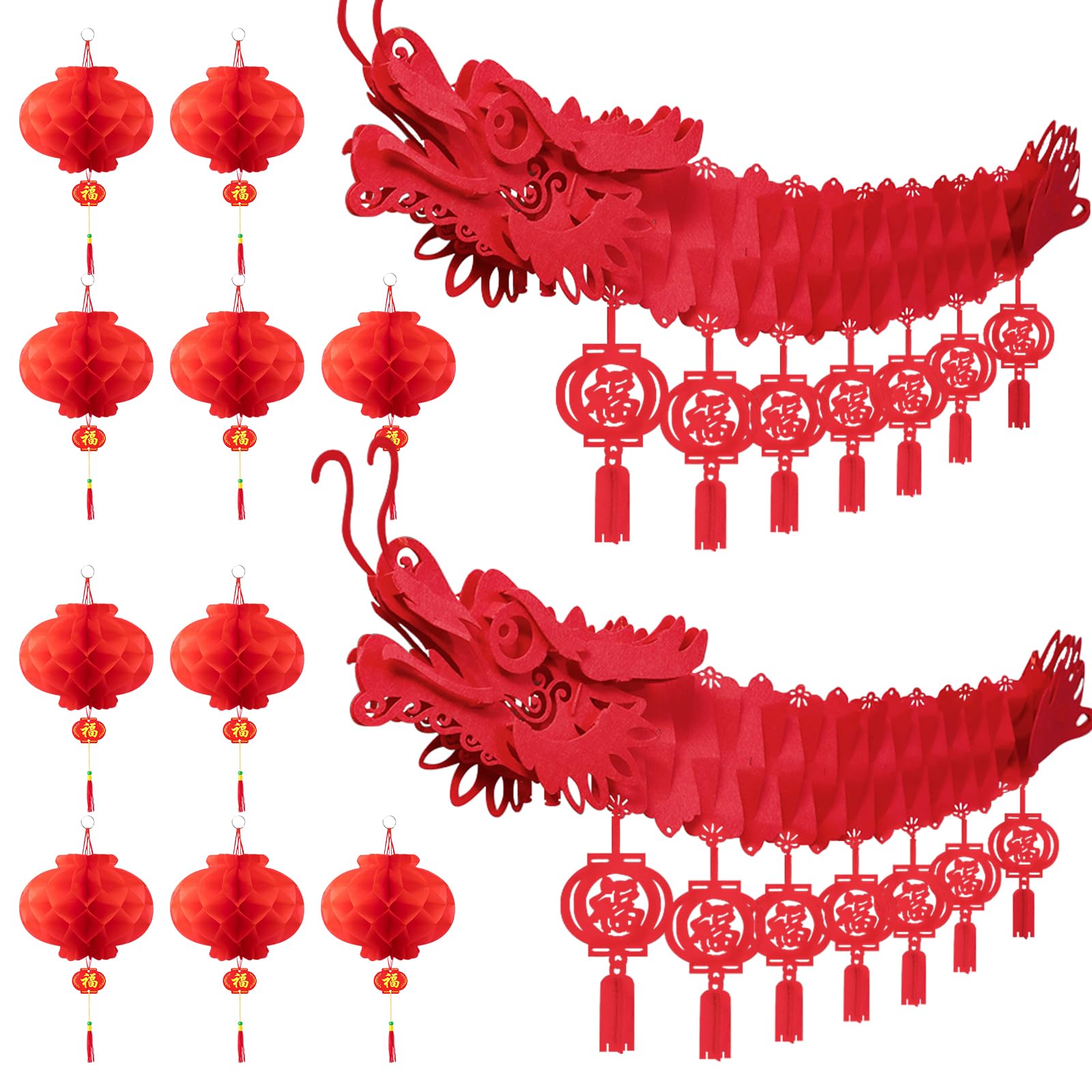 Peywot 3D Chinese New Year Dragon Ceiling Decorations, Chinese Dragon Decoration with 2 Chinese Dragon and 10 Chinese Lanterns for Lunar New Year Decorations 2025 Chinese Spring Festival Party