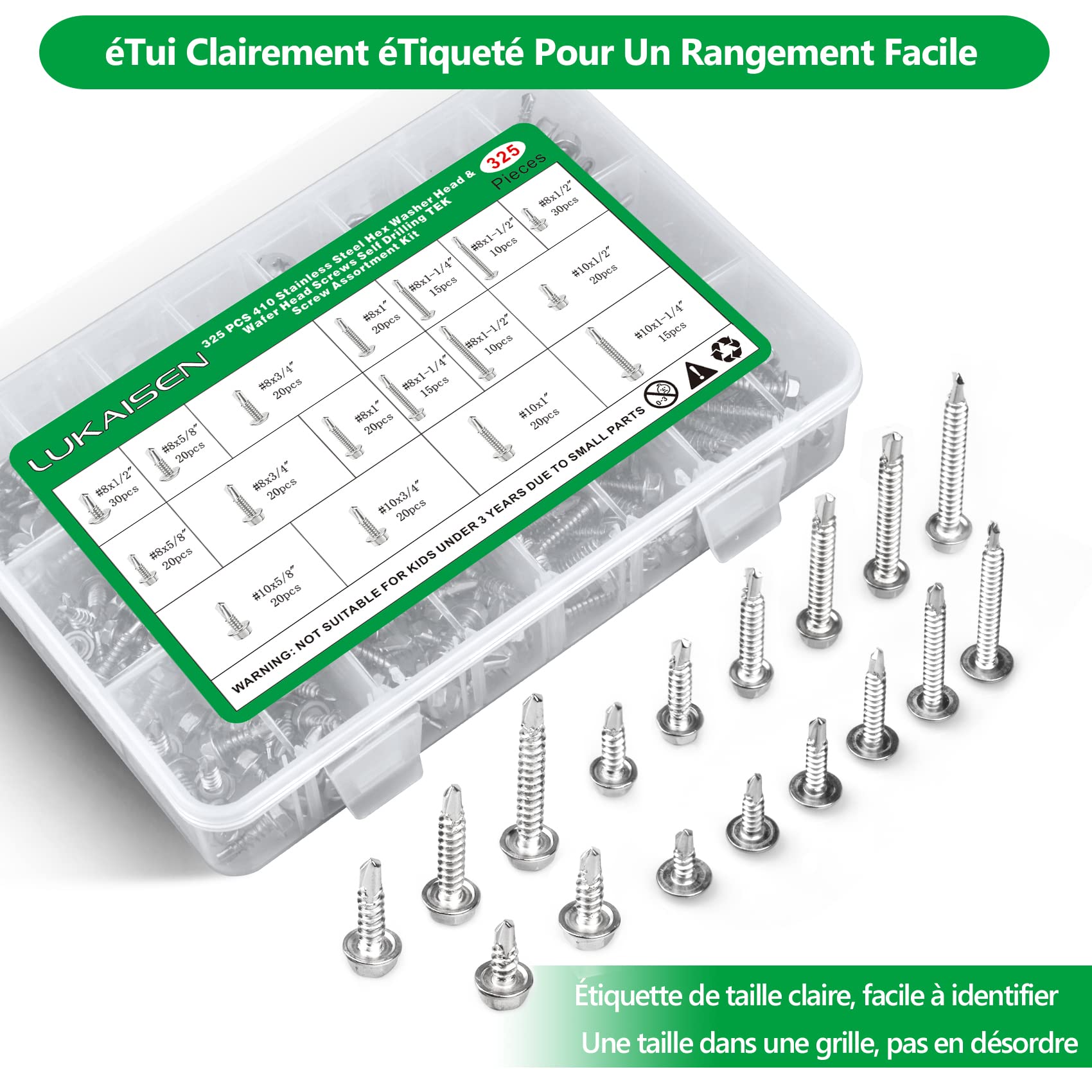 Vis Autoforeuse, 325 PCS 410 Acier Inoxydable Vis Autoforeuse Métal M4.2, M4.8 Tête de Rondelle hexagonale et tête Plate 17 Tailles pour Meubles en Bois en Métal