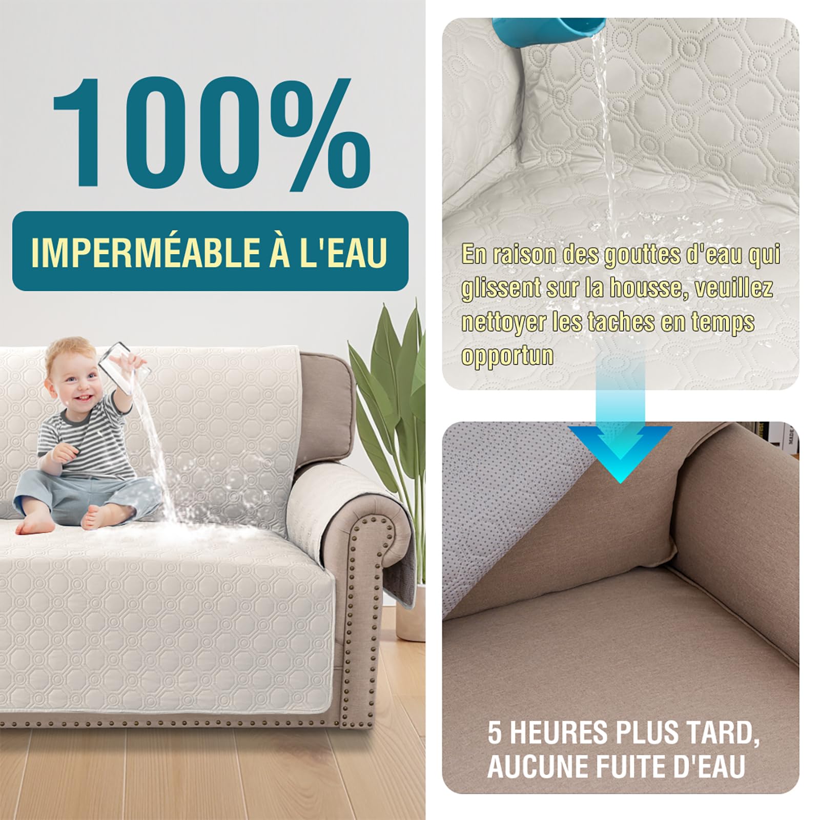 BellaHills Housse de Canapé 100% Imperméable 1 Place, Protection Canape Chien Chaton Griffures, Beige