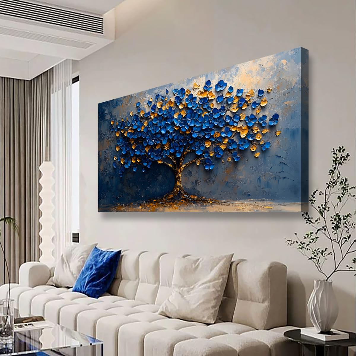 Kunstdruck auf Leinwand, abstrakter Baum, Schlafzimmer, Wanddekoration, Wohnzimmer, Baum des Lebens, Wandkunst, Büro, Küche, Gemälde, Kunstwerk, modern, blau-gelbe Blätter, Bilder, Kunstdrucke