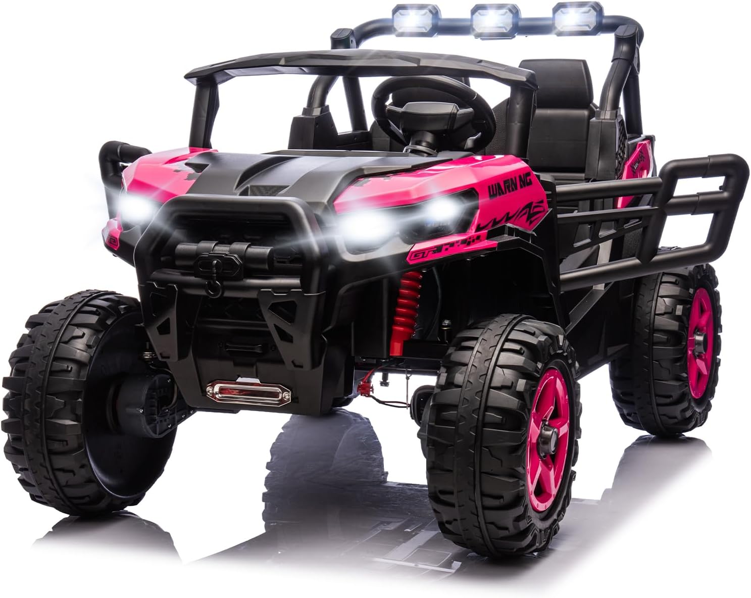 JOYMOR 2-Seater 24V Ride On UTV Truck with Remote Control, 3 Speeds Electric Car with Spring Suspension LED Music, 4 Motors Power Wheel Jeep Toy for Kids Ages 3-8, 135 lbs Weight Capacity (Hot Pink)