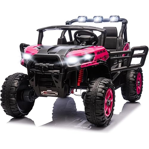 JOYMOR 2-Seater 24V Ride On UTV Truck with Remote Control, 3 Speeds Electric Car with Spring Suspension LED Music, 4 Motors Power Wheel for Kids Ages 3-8, 135 lbs Weight Capacity (Hot Pink)