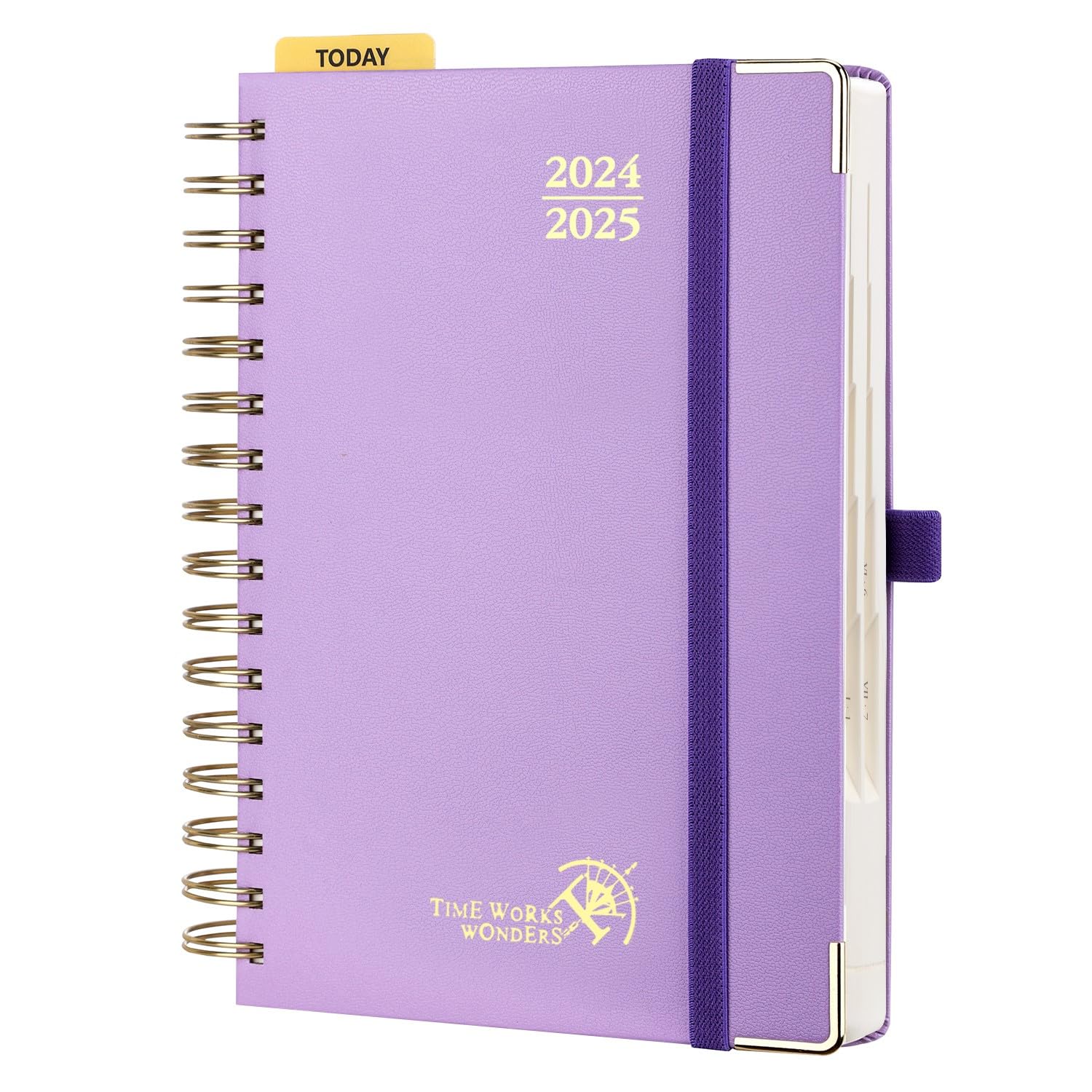 POPRUN Agenda 2024 2025 Dia Por Pagina 21,5 x 14,5 cm, Espiral Agenda Diaria 12 Meses de Ago.2024 - Jul.2025, Tapa Dura, Regla de Plásticol, 80 GSM Papel Certificado FSC®, Violet Claro