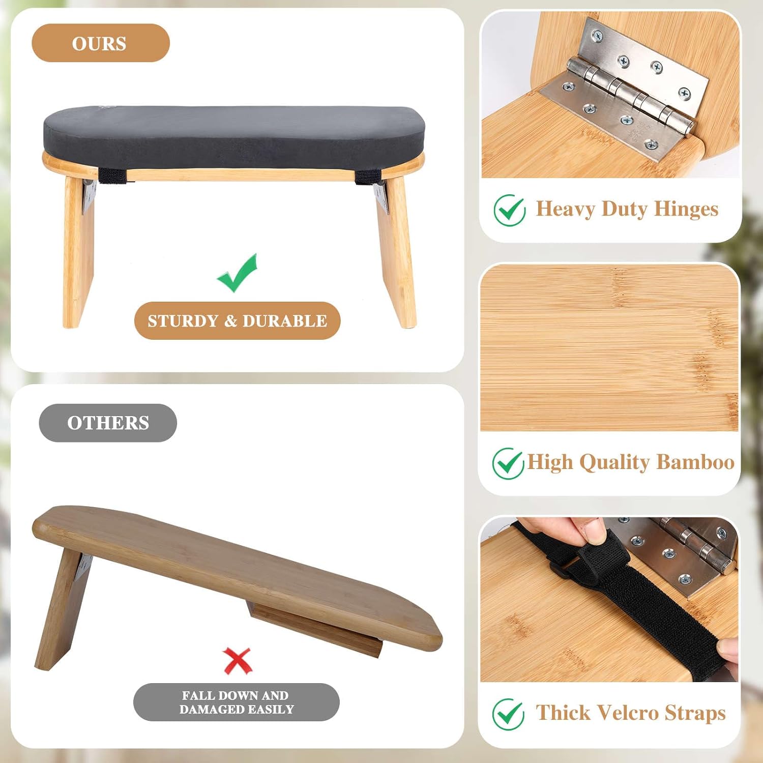 Meditation Bench with Cushion Foldable Ergonomic Bamboo Kneeling Stool Seiza Bench Wooden Meditation Stool Chair Zen Lotus Yoga Stool Floor Sitting Prayer Bench Removable Pillow