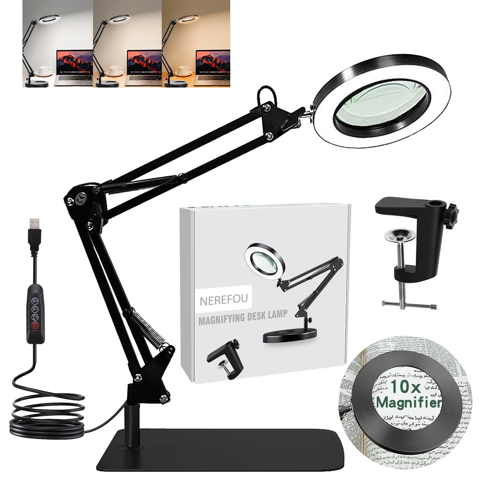 Magnifying Glass with Light and Stand, 10X Magnifying Lamp, 2-in-1 Magnifying Desk Lamp with Clamp, 3 Color Mode, Magnifying Glasses with Light for Close Work (Large Base ?Clamp)