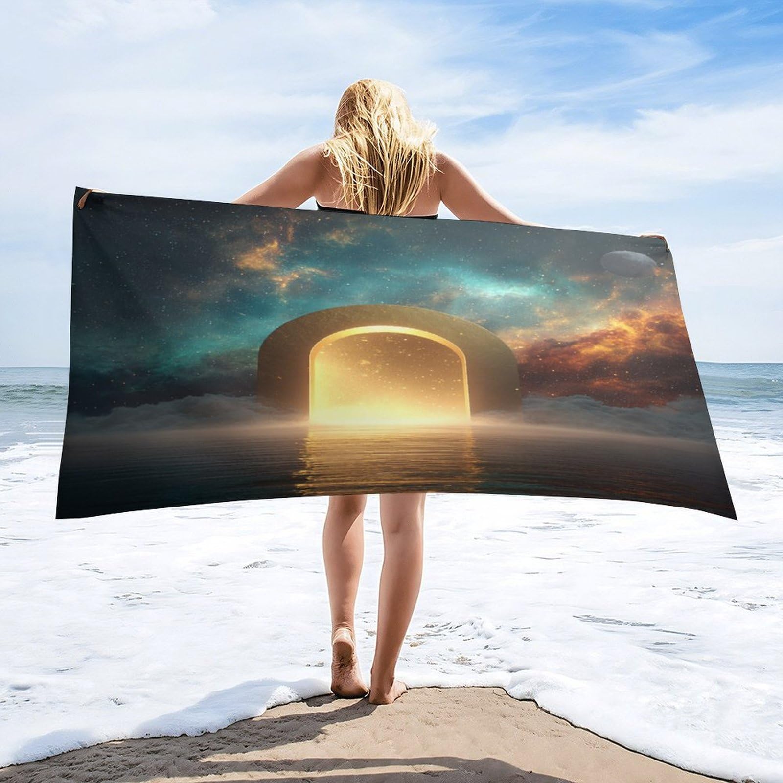 Luyysky Modern Classic Galaxy Archway Absorbent Beach Towel, Cool Oil Painting Planet Moon Outer Space Constellation Starry Sky Outdoor Single-Sided Velvet Beach Towel-80 W Cm X 160" L Cm
