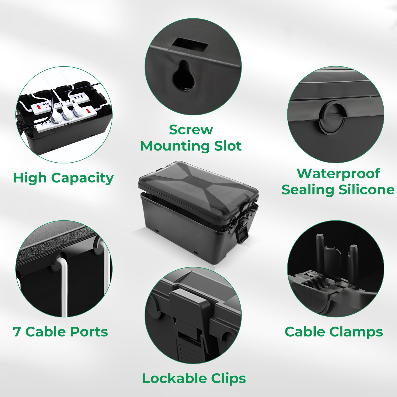 Gugxiom Large Waterproof Cable Box for Outdoor, 32 x 22 x 13 cm, IP54, Outdoor Electric Box, 7 Cable Ports, Kabelbox für Schutz von Verlängerungskabeln, Steckdosenleisten und Außensteckern(Schwarz)