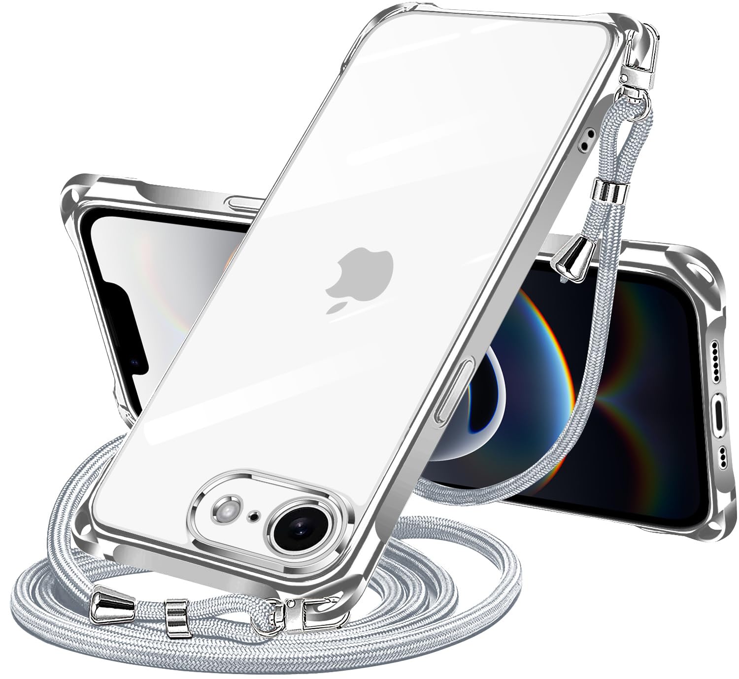 NISIILNG iPhone 16e / 17e 用 ケース クリア ショルダー iPhone16e 17e スマホケース アイフォン16e カバー 肩掛け 斜めかけ 縄掛けケース 透明 薄型 軽量 耐衝撃 TPU ストラップ付き 紐付き 斜めがけ 織りストラップ付き ネックストラップ ショルダー 縦/横 2WAY 長さ調整可能 取り外し可能 落下防止 紛失防止 (シルバー)