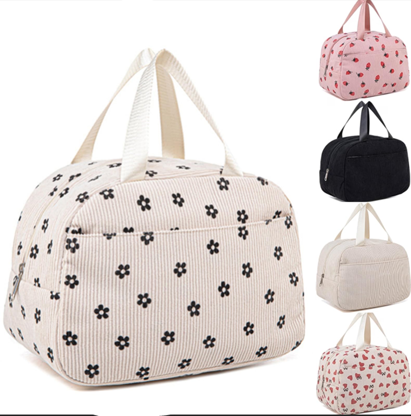 WYSUMMER Lunch Bag, Corduroy Insulated Tote Cooler Bag (Black Flower)