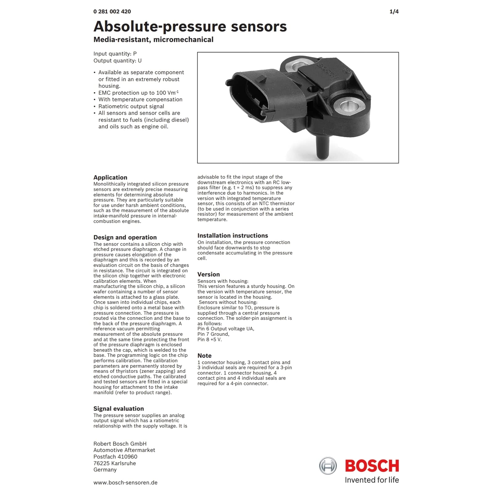BOSCH 0 281 002 420 Sensore, Temperatura Olio; Sensore, Temperatura Olio; Sensore, Temperatura/Pressione Olio