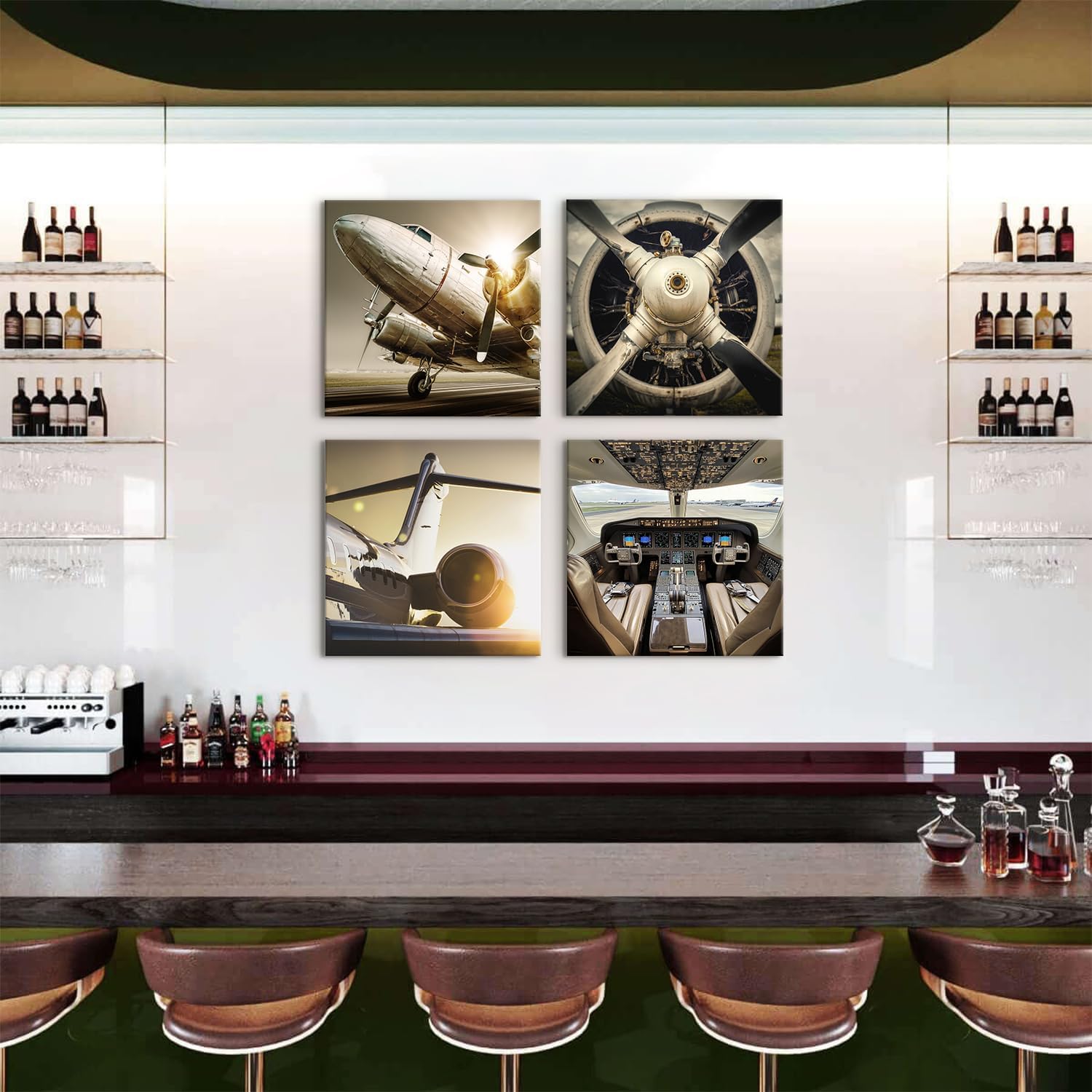 Airplane Decor Sunset Aviation Decor Military Plane Wall Decor Vintage Aircraft Pictures Turbine Propeller Canvas Prints Aircraft Engine Painting Artwork for Bedroom Office Home Decoration 20x20" 4Pcs