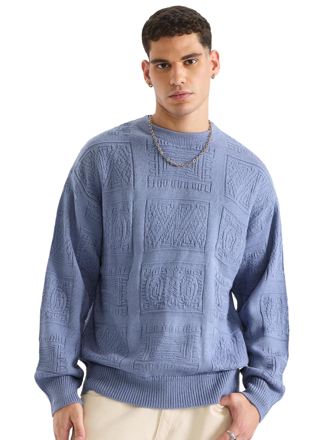 the souled store Indie Azure Men and Boys Full Sleeves Round Neck Textured Jacquard Acrylic Lightweight Casual Oversized Pullovers-picture-16