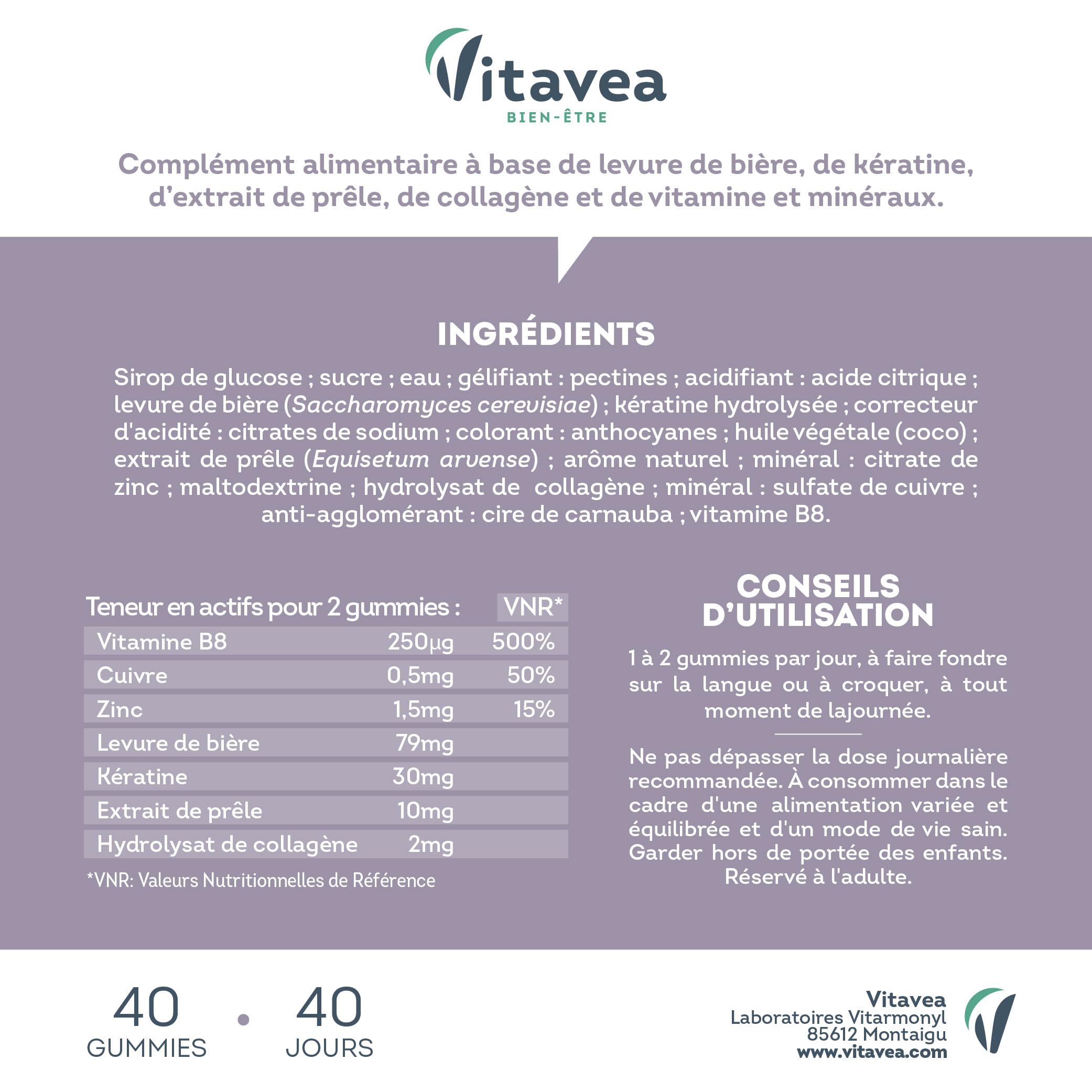 Vitavea Bien-être - Gummies Cheveux Sublimes - Favorise la Pousse - Biotine, Levure de Bière, Kératine, Zinc, Collagène - Anti-Chute, Volume, Brillance - 40 Gummies Fruits Rouges