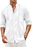 COOFANDY Men's Cuban Guayabera Shirt Long Sleeve Linen Blend Band Collar Button Down Beach Casual Summer Shirt