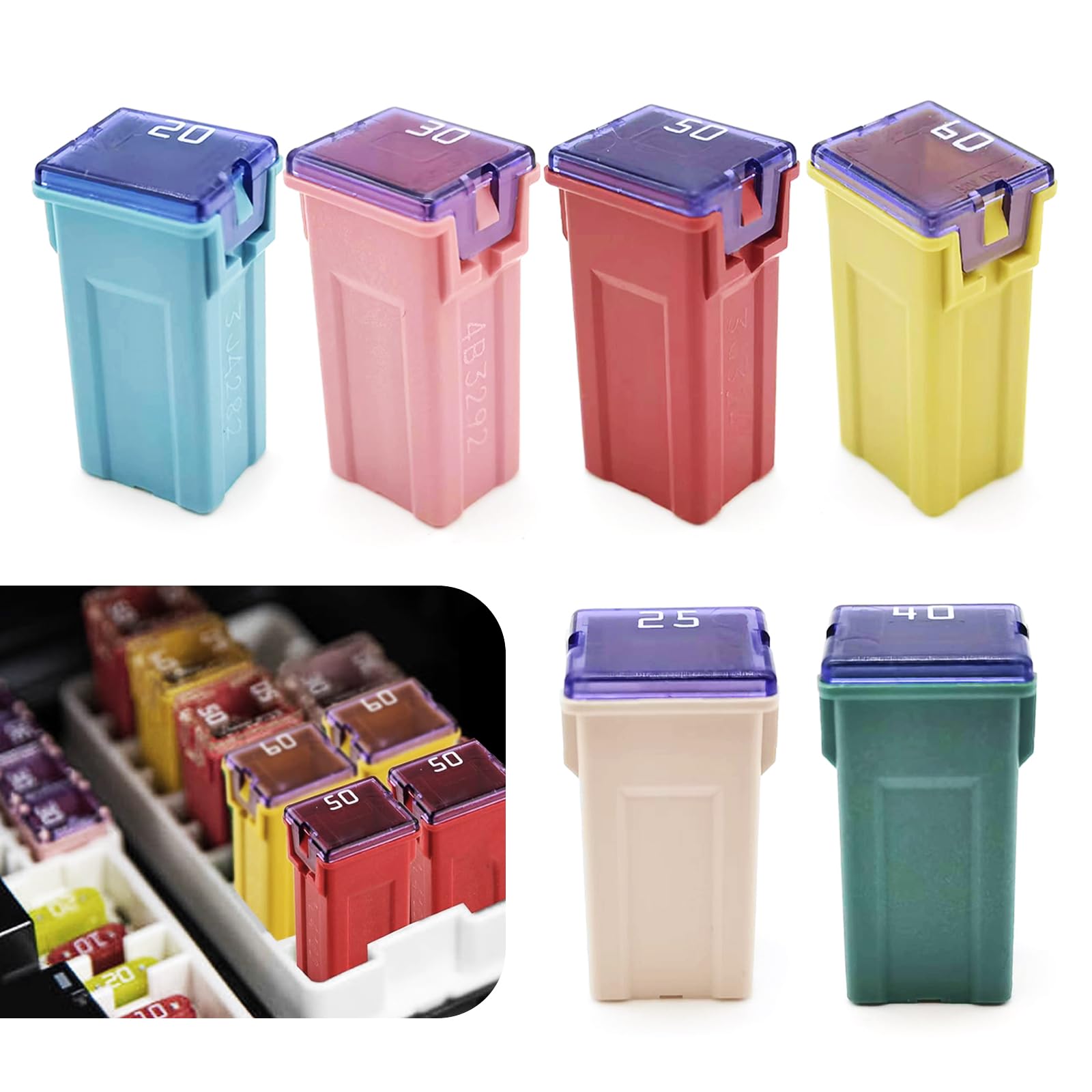 6 PCS Car Fuse, 20A 25A 30A 40A 50A 60A Multi-Specification Square Blade Fuse Combo Kit, Color-Coded Easy to Identify Portable Fuses, for Cars Repair Accessories (Multicolored)