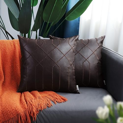 Miniatura 2 de BRAWARM Fundas de almohada de cuero de 16 x 16 pulgadas, fundas de almohada de piel sintética marrón, paquete de 2, almohadas decorativas de cuero