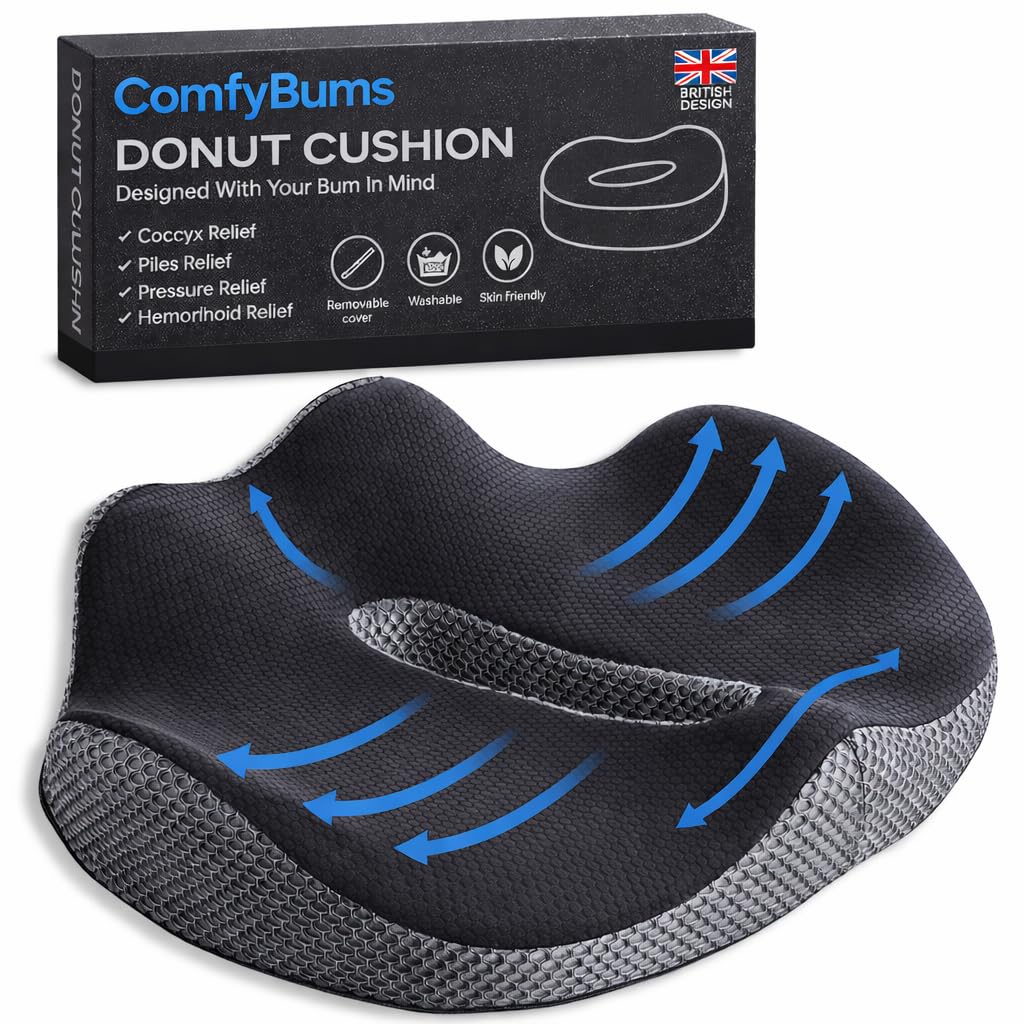 ComfyBums Hemorrhoid Donut Cushion For Coccyx, Tailbone, Piles Pressure Relief - Memory Foam Pillow For Office Chair Seat Ring Cushions - Targets Sores & Discomfort Relief - Made For You