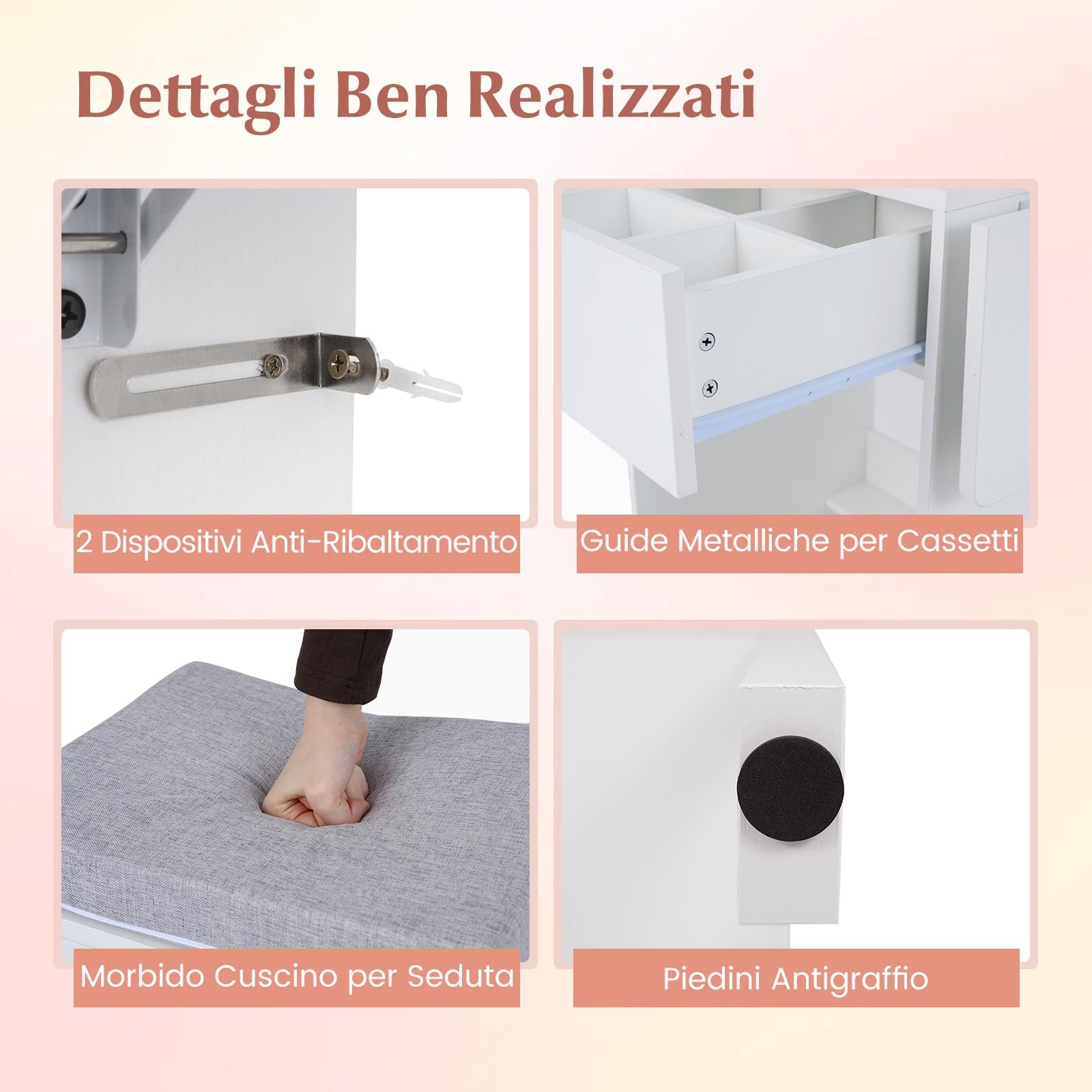 COSTWAY Toeletta Trucco con Luci LED, Tavolo da Trucco con Specchio e Stazione di Ricarica, Postazione Trucco con Cassetto, 2 Piani d'Appoggio a Ribalta, Bianco (Modello 3)