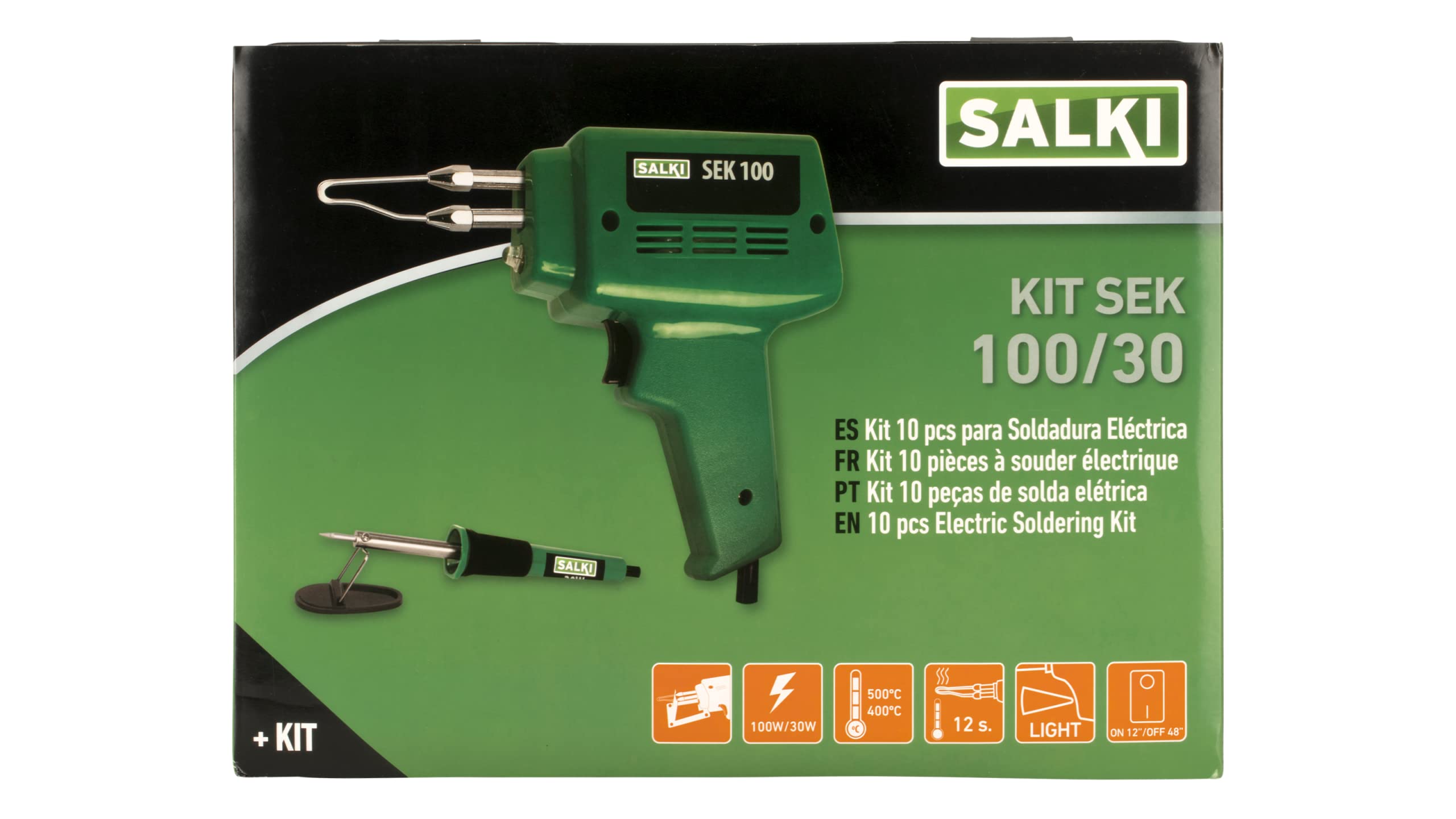 SALKI | Kit de Soudage | Trousse avec Fers à Souder d'Étain 100W et 30W | Support et Pointes Interchangeables | Vert