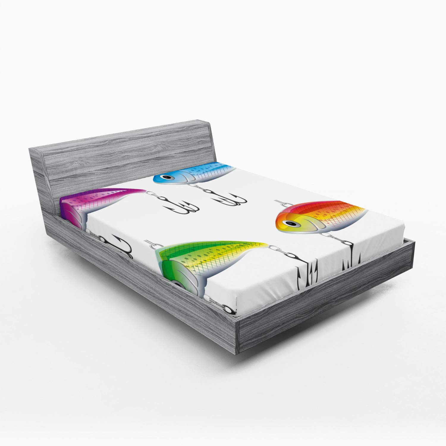 Ambesonne Fishing Fitted Sheet, Composition of Fishing Lures in Trout Shape Trap for Sea Mammals Creatures Picture, Soft Decorative Fabric Bedding All-Round Elastic Pocket, Full Size, Blue Purple