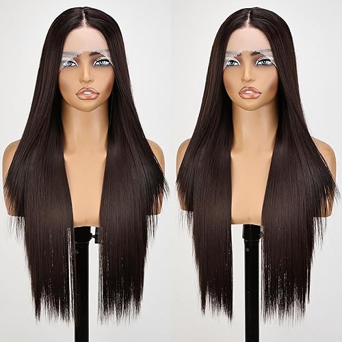 Chocolate Brown Wig Lace Front Wigs Pre Plucked with Baby Hair Glueless Wig 26 Inch Long Straight for Women Synthetic 13×4×1 Lace Front Wig