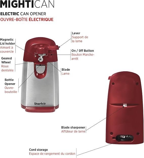Starfrit Electric Can Opener, Hands-Free, 3-in-1, Comfort Grip, Red